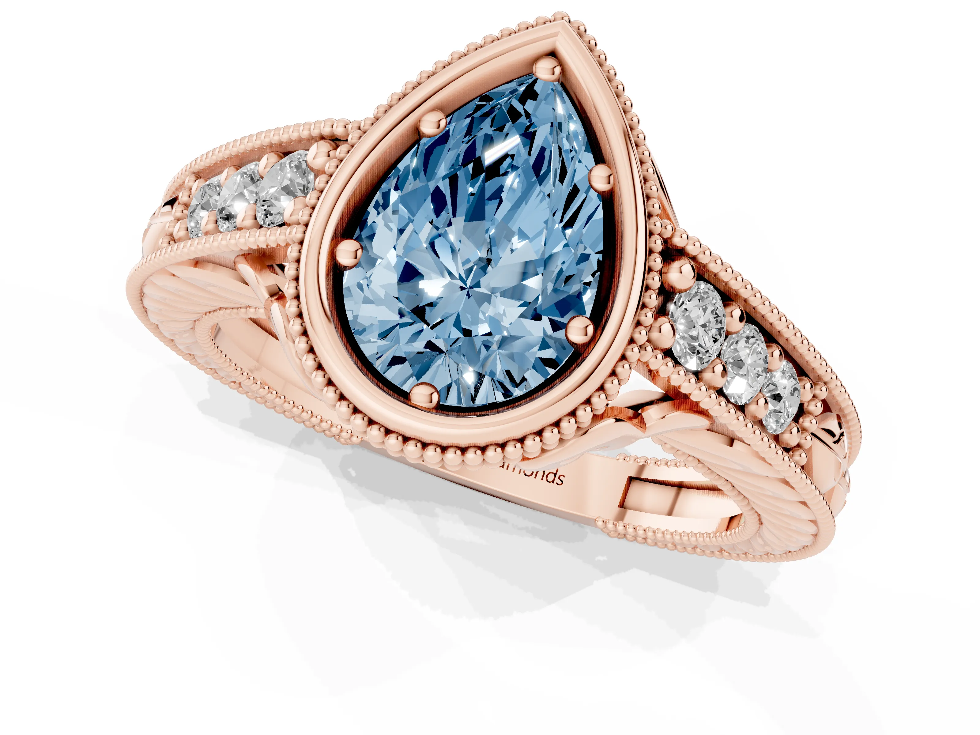 Fancy Blue Bezel Set Pear Cut Diamond Milgrain Pavé Engagement Ring Set in Rose gold