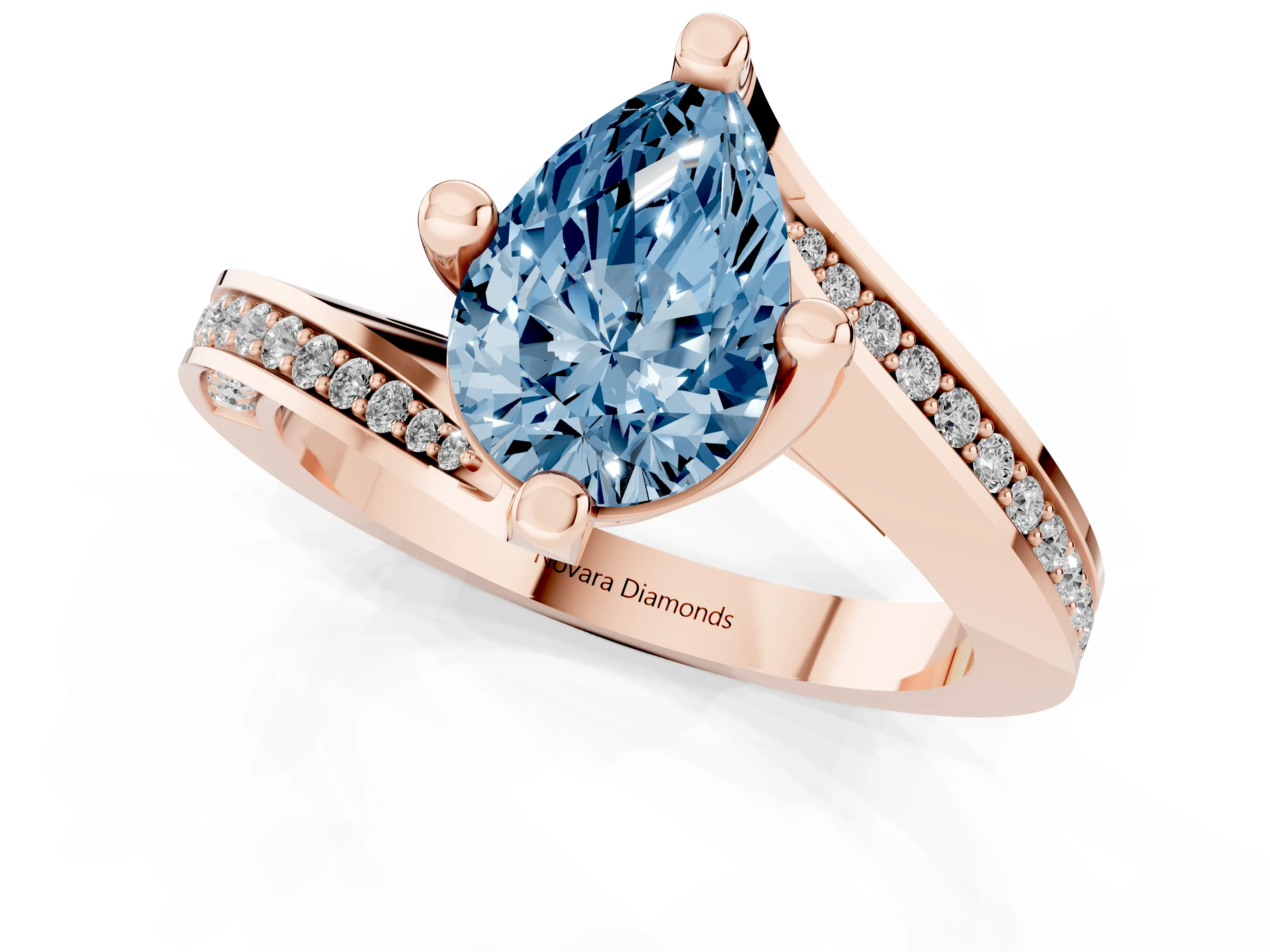 Fancy Blue Pear Cut Diamond Solitaire Ring Set in Rose gold with Intertwined Pavé Twist Band