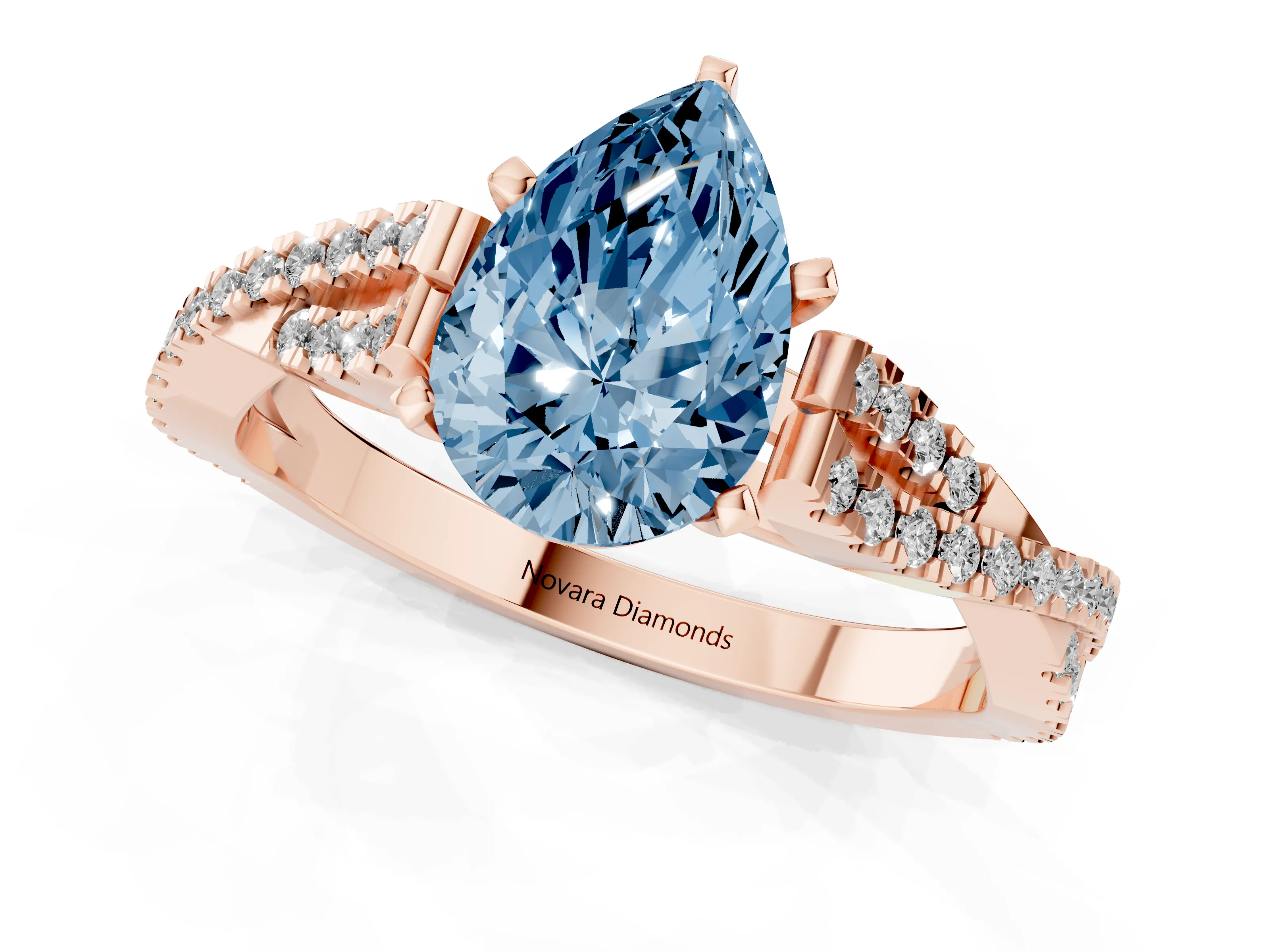 Fancy Blue Pear Cut Diamond Solitaire Engagement Ring Set in Rose gold with Twisted Pavé Band and Prong Setting