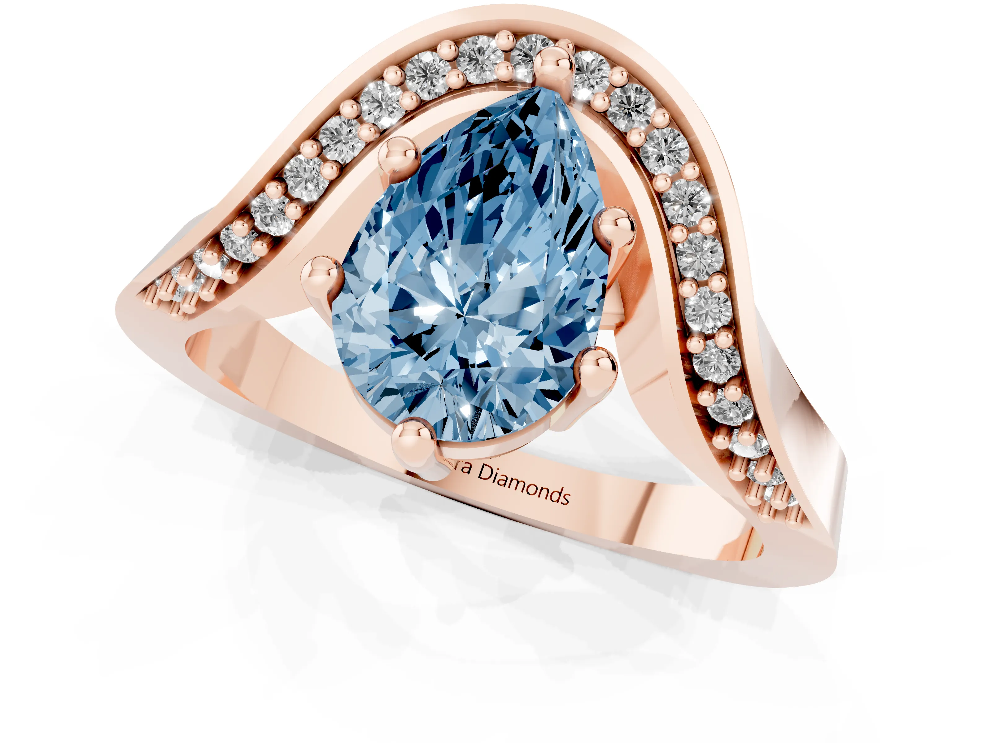 Fancy Blue Pear Cut Diamond Solitaire Engagement Ring Set in Rose gold with Pavé Shoulders