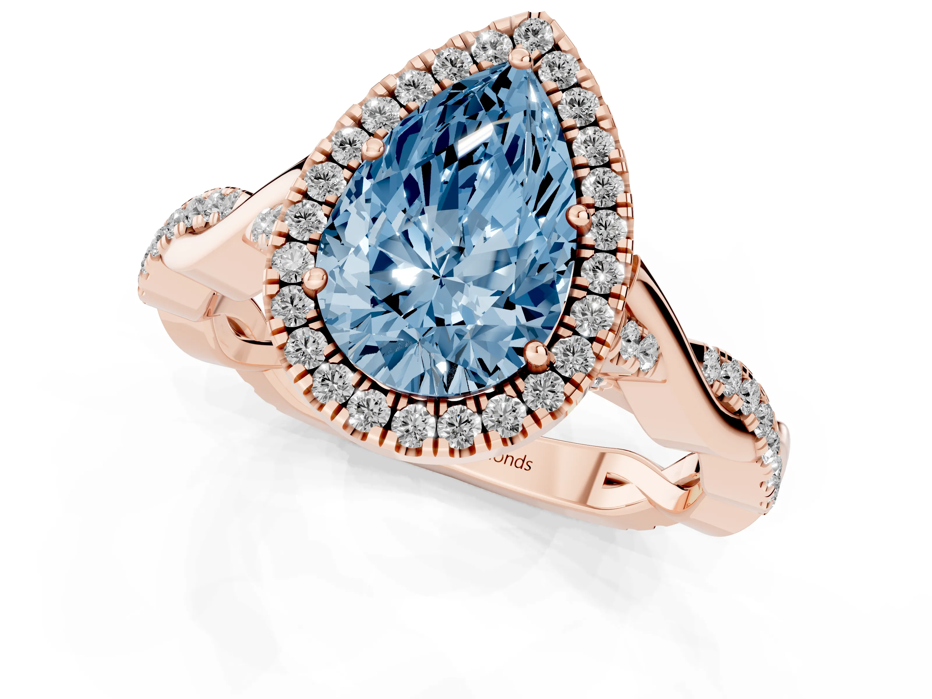 Fancy Blue Pear Cut Diamond Halo Twist Band Solitaire Ring Set in Rose gold with Prong Setting