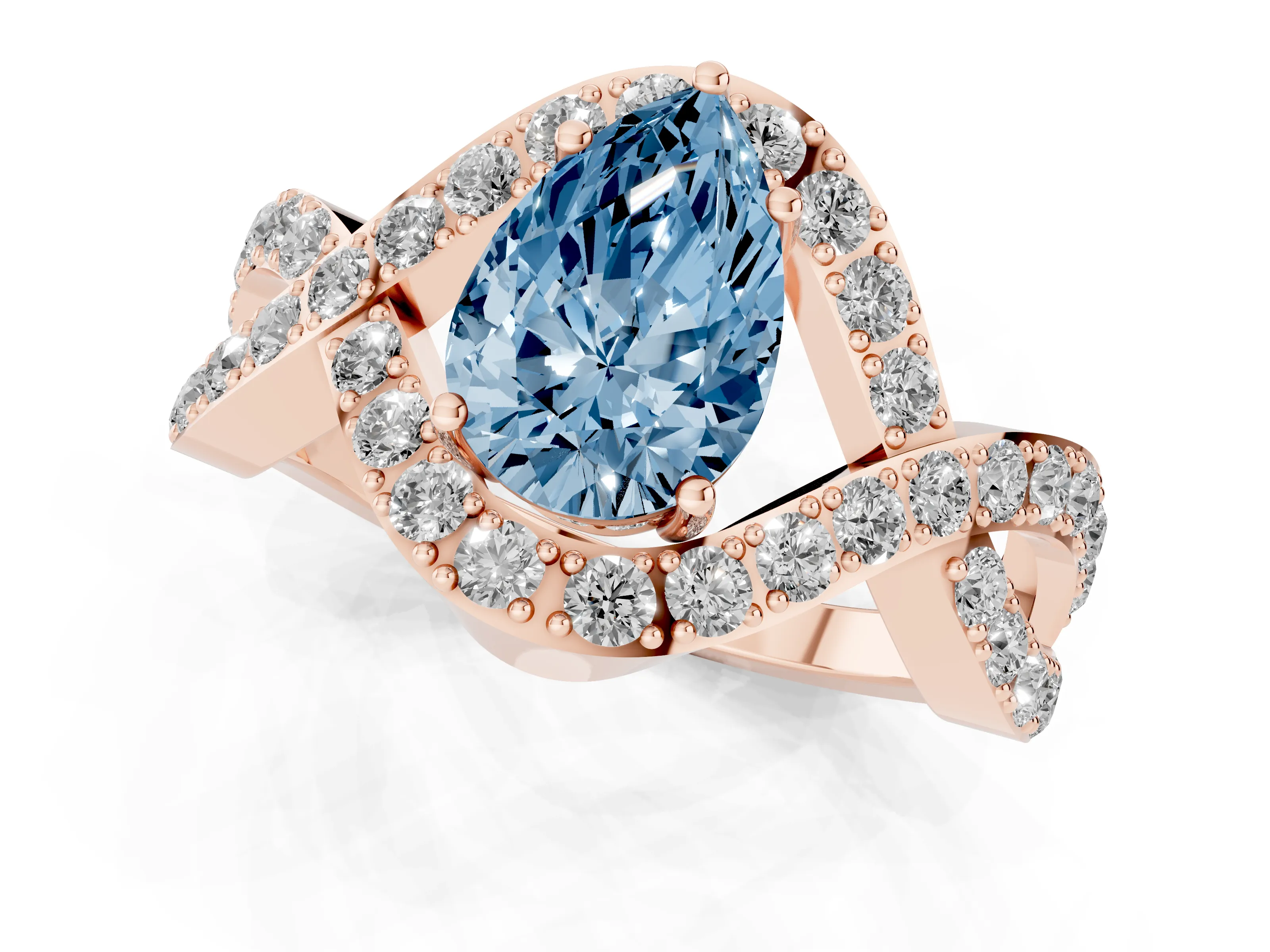 Fancy Blue Pear Cut Diamond Solitaire Twist Band Pavé Engagement Ring Set in Rose gold