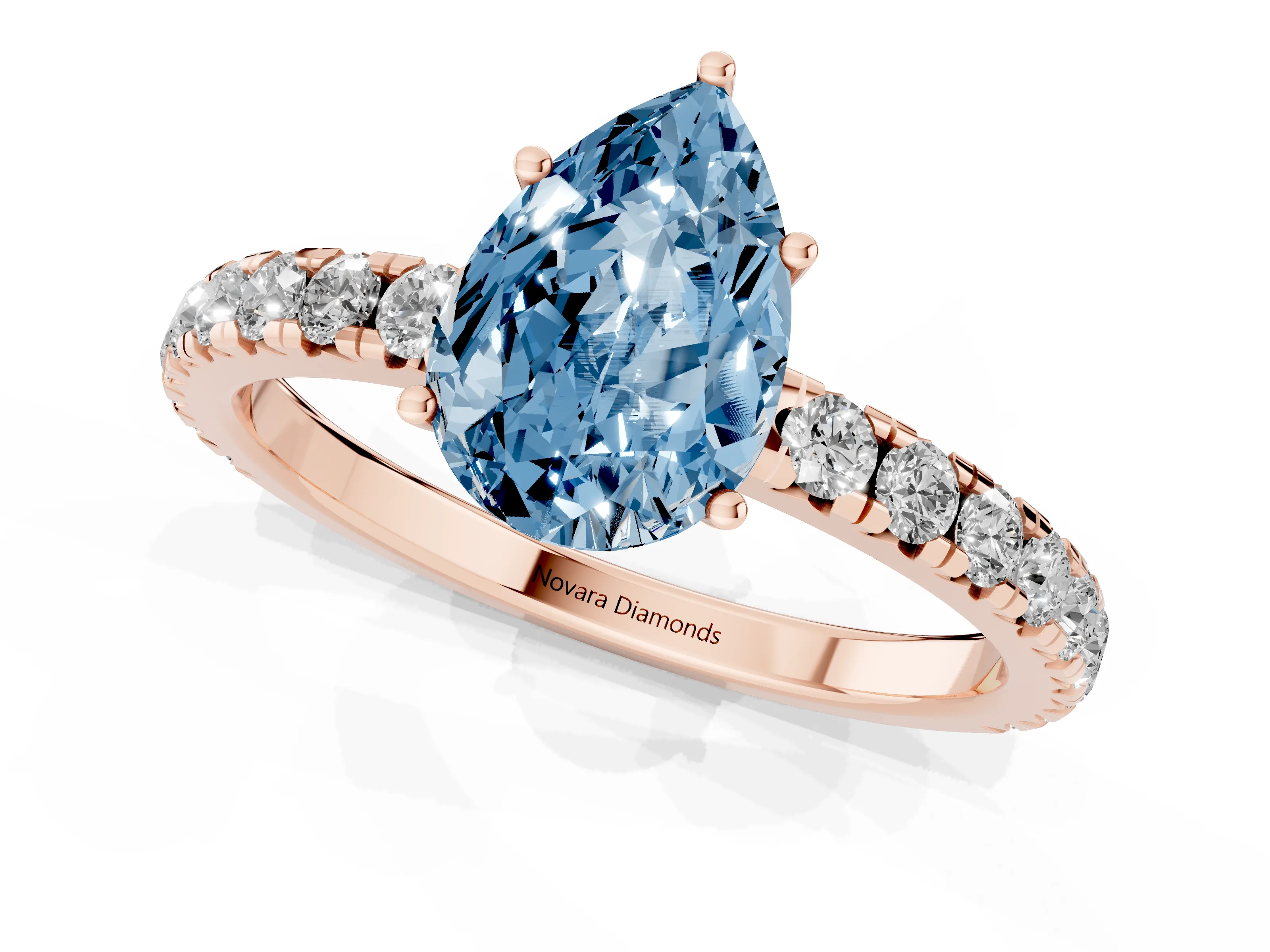 Fancy Blue Pear Cut Diamond Pavé Solitaire Engagement Ring Set in Rose gold with Prong Setting