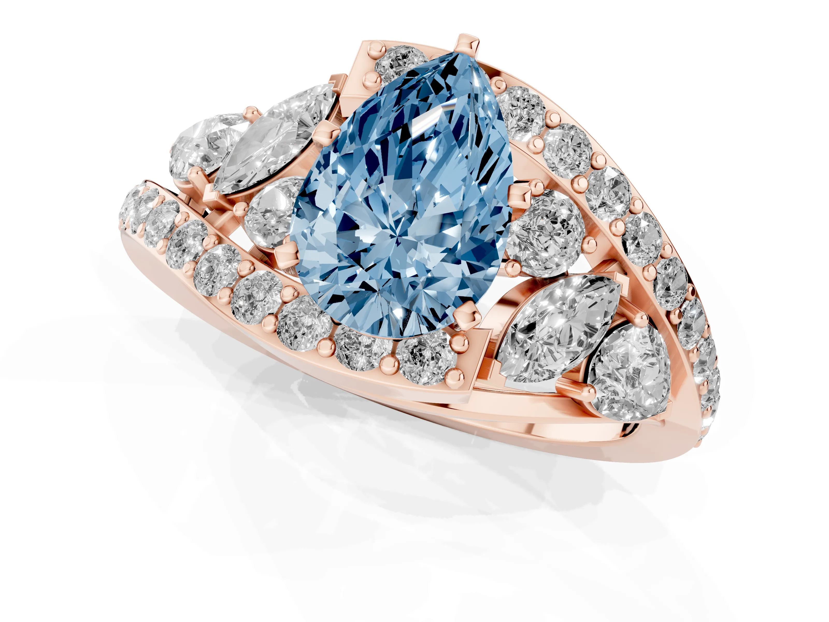 Fancy Blue Pear Cut Diamond Halo Ring Set in Rose gold with Marquise and Pavé Band in Prong Setting