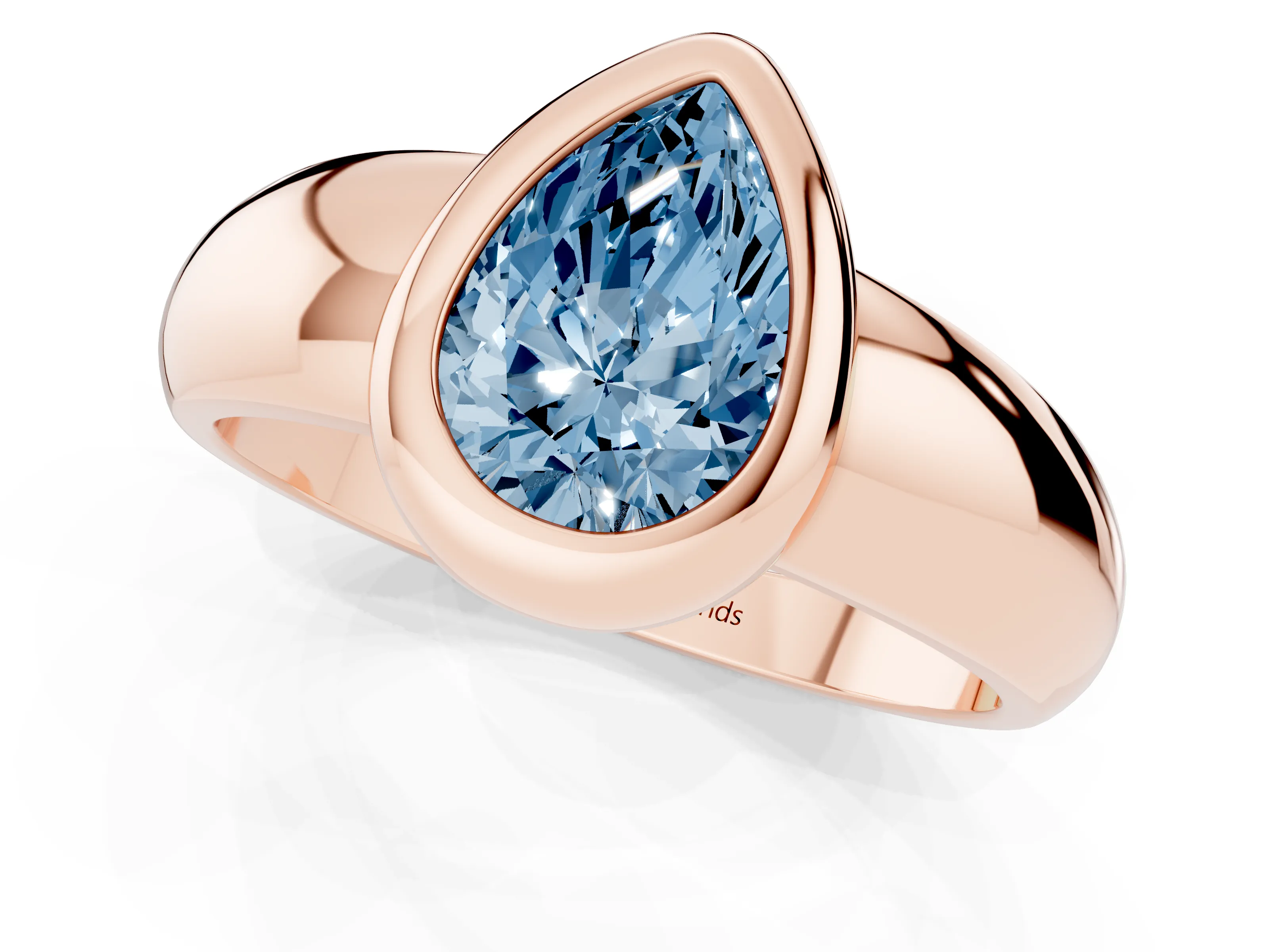 Fancy Blue Bezel Set Pear Cut Diamond Solitaire Ring Set in Rose gold with Wide Band