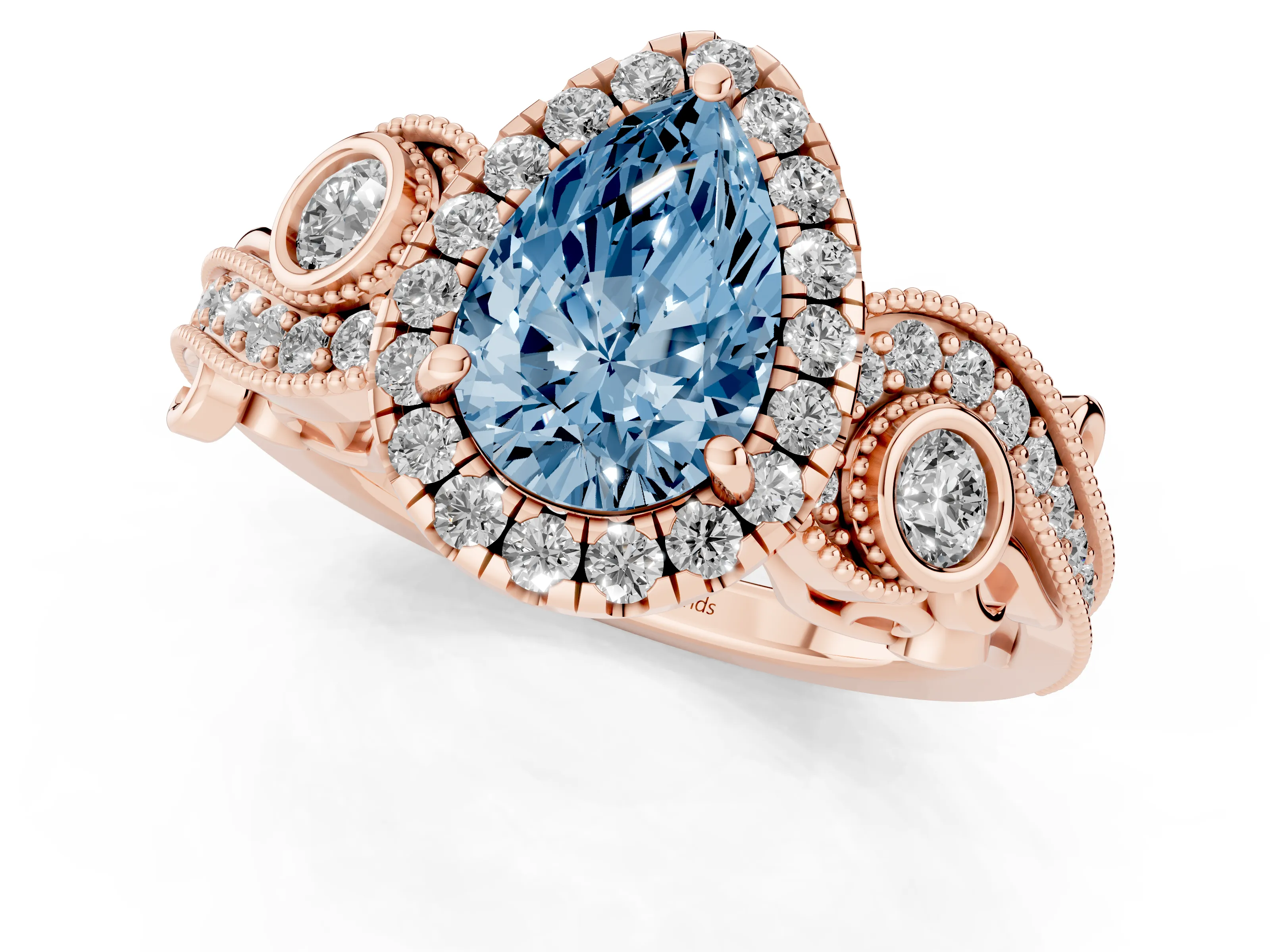 Fancy Blue Pear Cut Diamond Halo Ring Set in Rose gold with Milgrain Pavé Band and Prong Setting