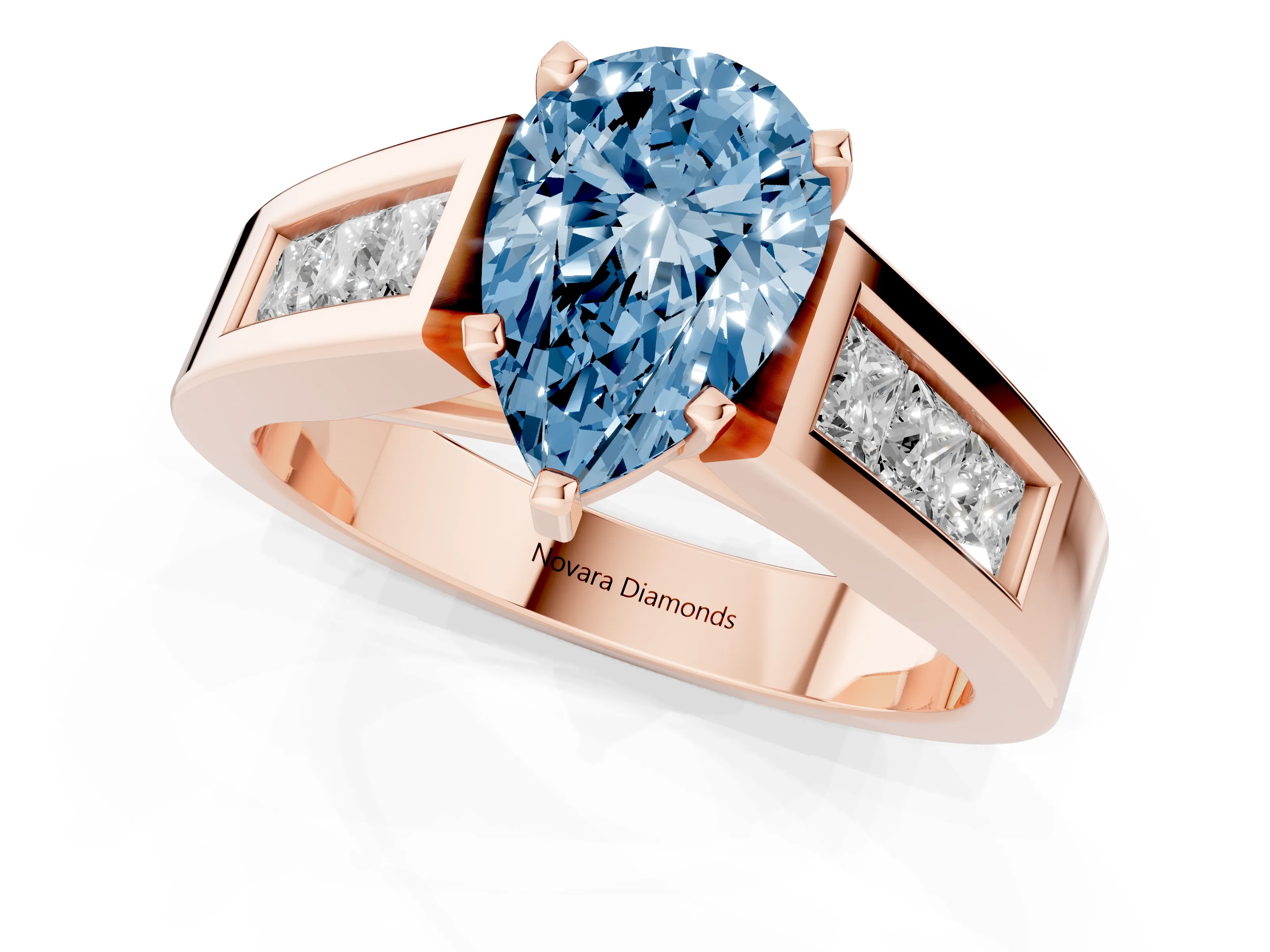 Fancy Blue Pear Cut Diamond Solitaire Ring Set in Rose gold with Channel-Set Accent Stones and Prong Setting