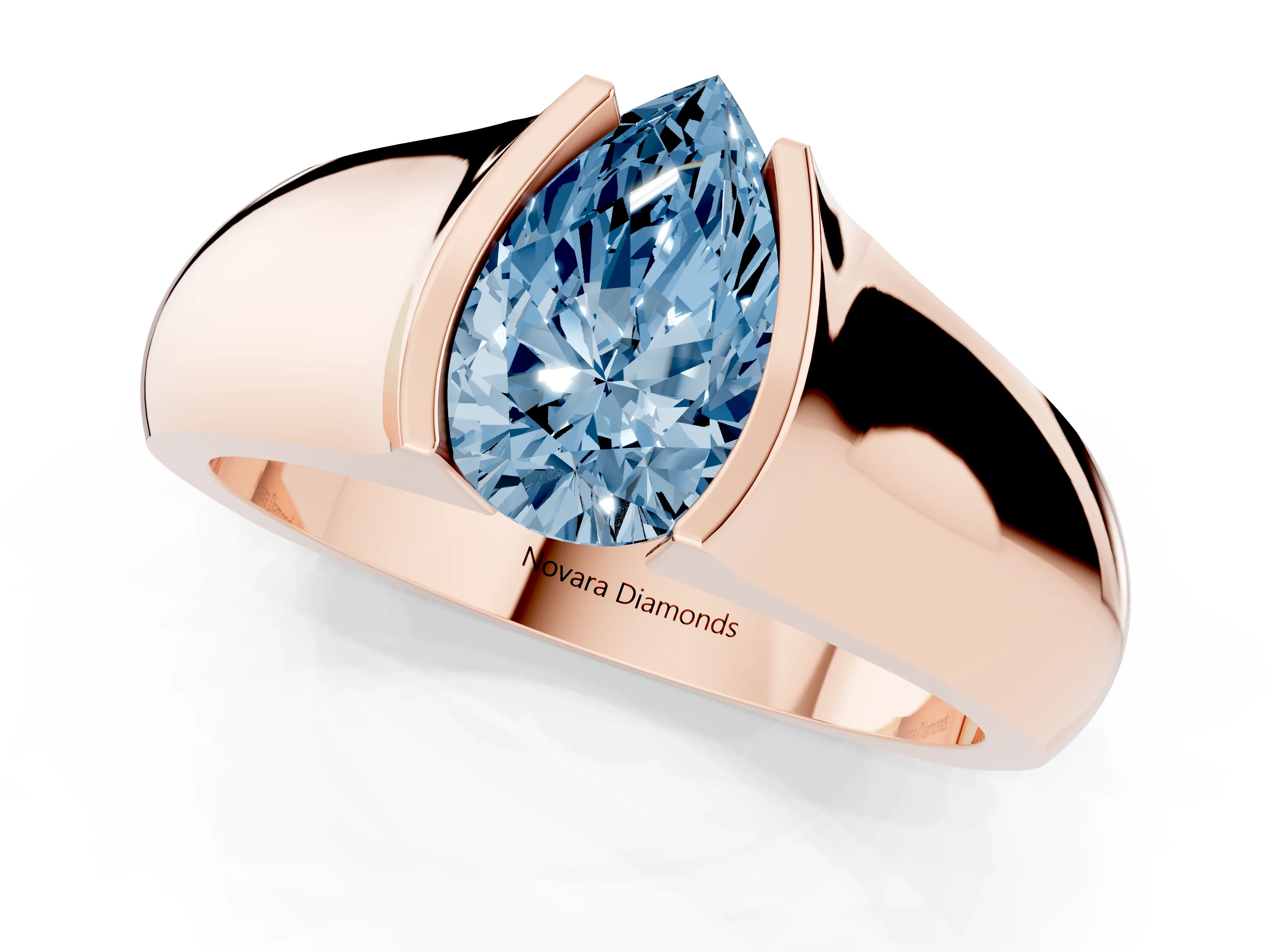 Fancy Blue Pear Cut Diamond Bezel Solitaire Ring Set in Rose gold with Wide Band