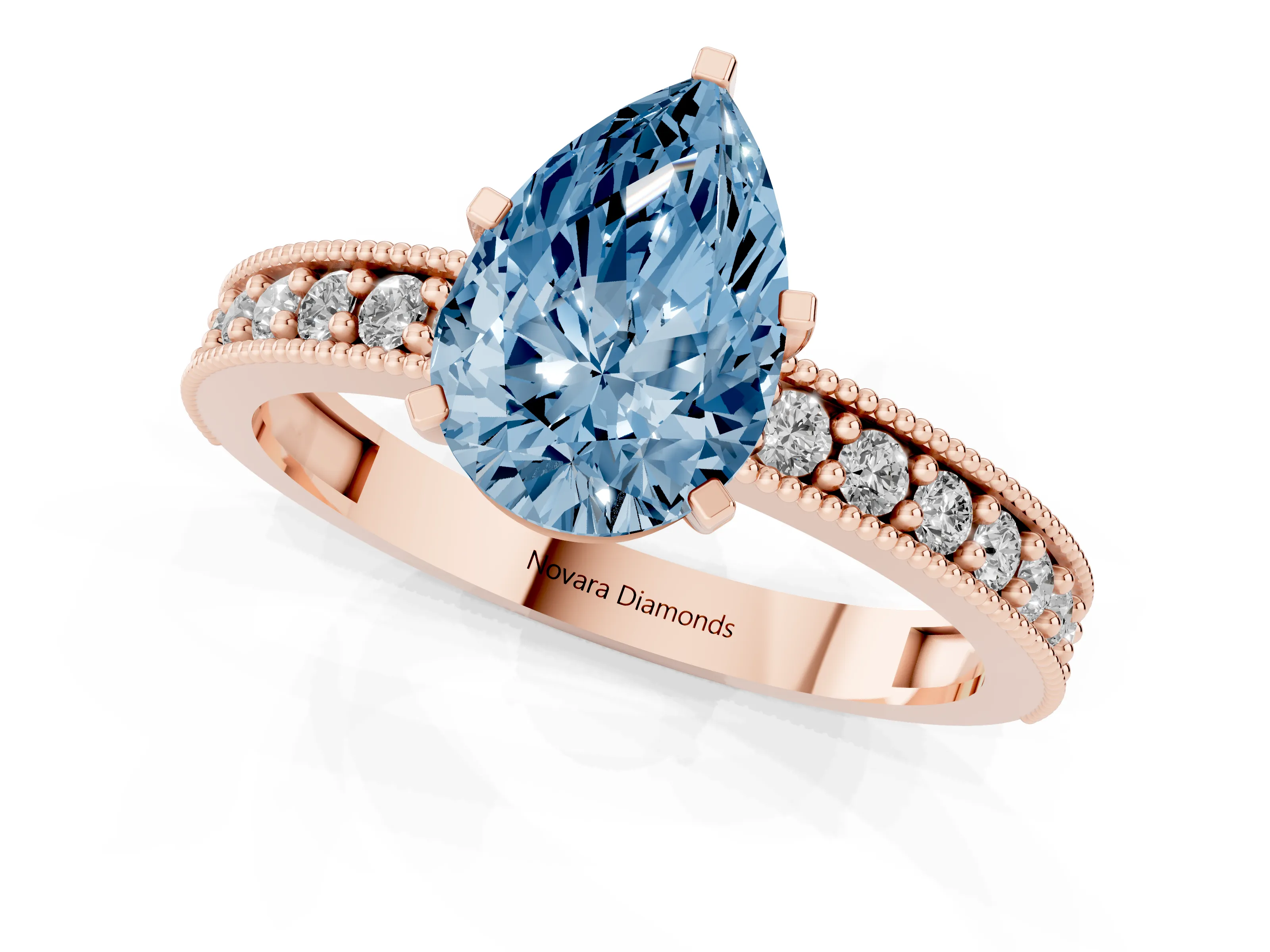 Fancy Blue Pear Cut Diamond Milgrain Pavé Engagement Ring Set in Rose gold with Prong Setting