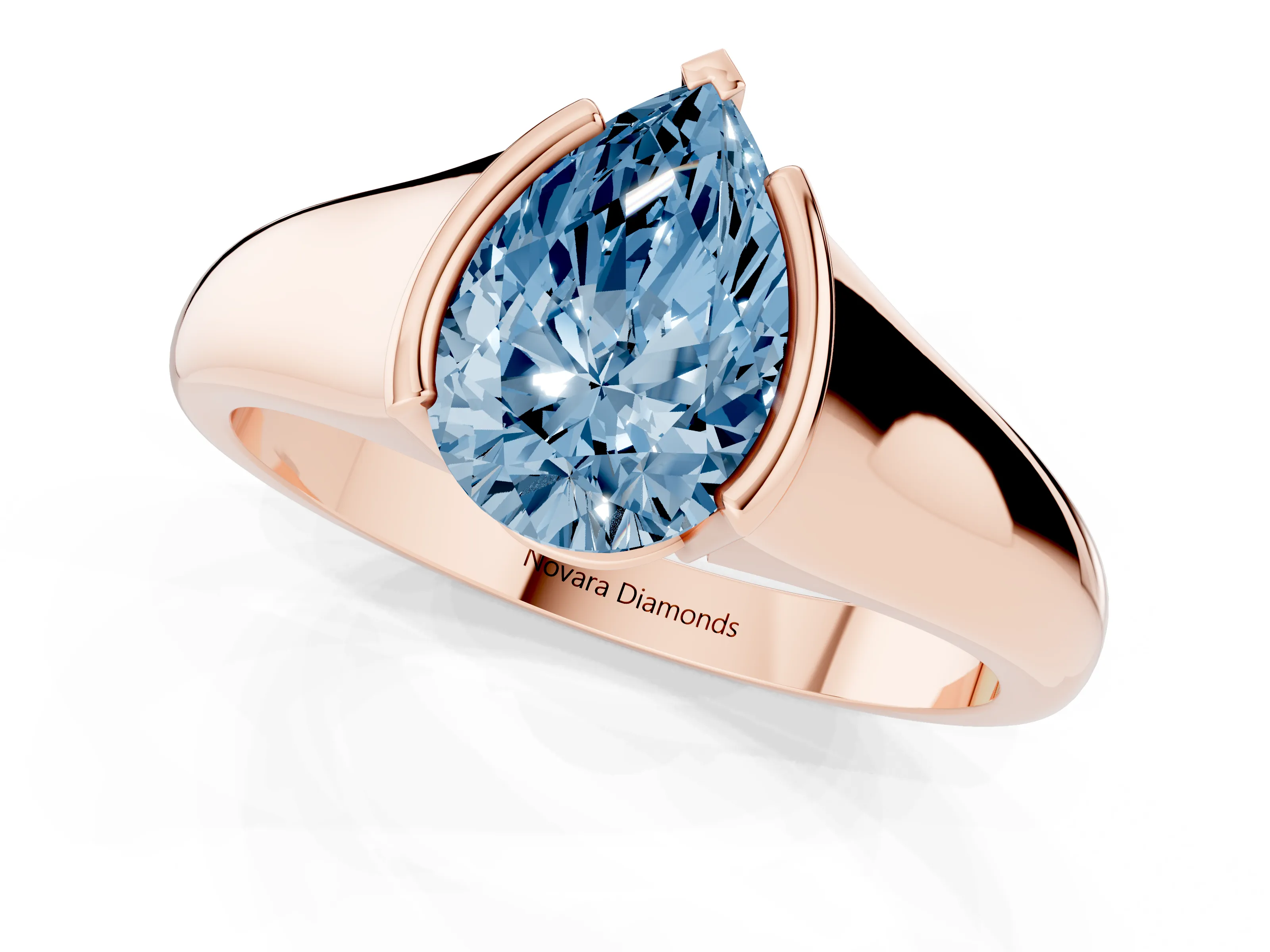 Fancy Blue Pear Cut Diamond Solitaire Tension Set Ring Set in Rose gold with Split Shank Band