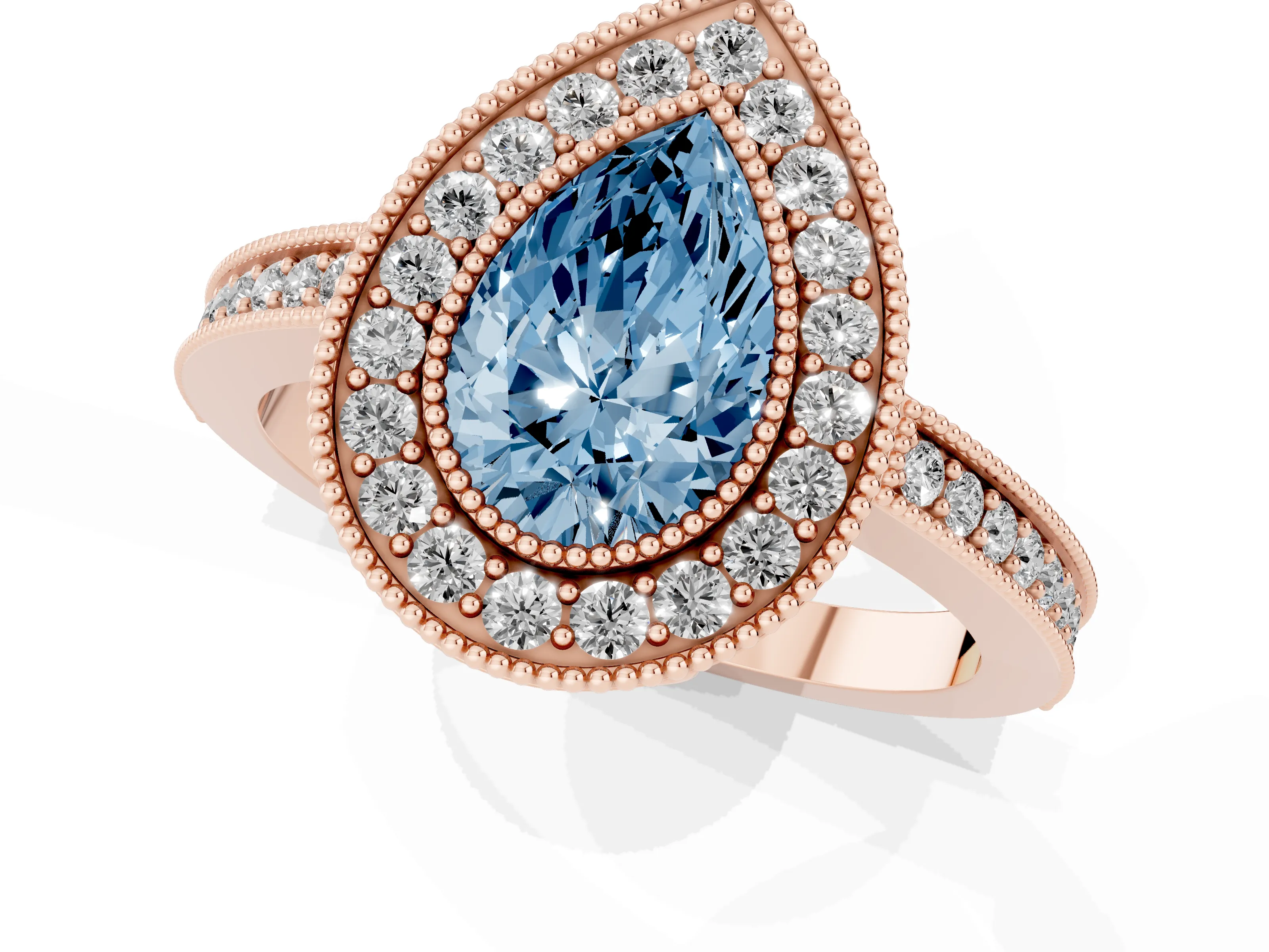 Fancy Blue Pear Cut Diamond Round Halo Ring Set in Rose gold with Pavé Band