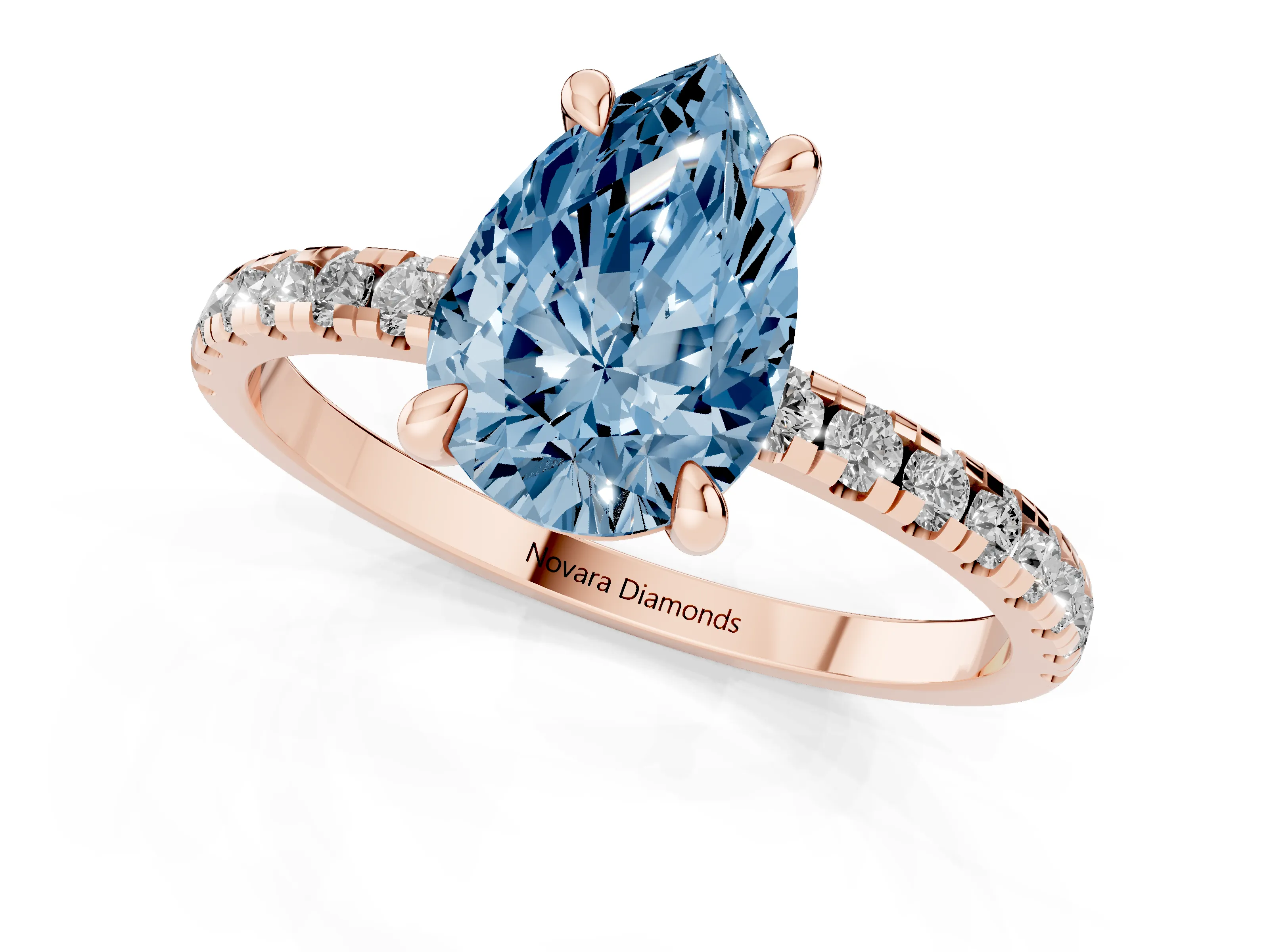 Fancy Blue Pear Cut Diamond Brilliant Solitaire Ring Set in Rose gold with Pavé Band and Prong Setting