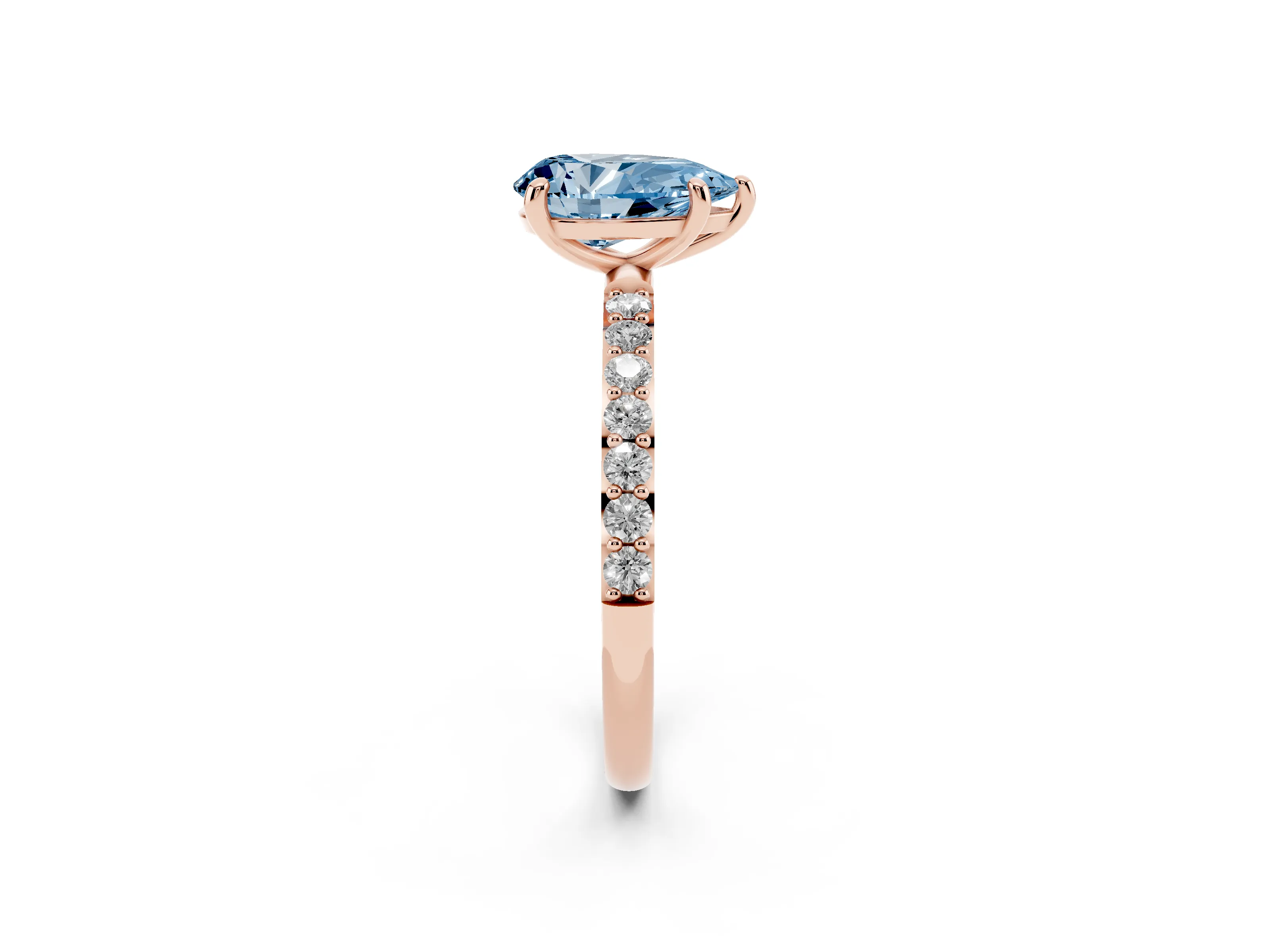 Fancy Blue Pear Cut Diamond Solitaire Ring Set in Rose gold with Round Pavé Band and Prong Setting