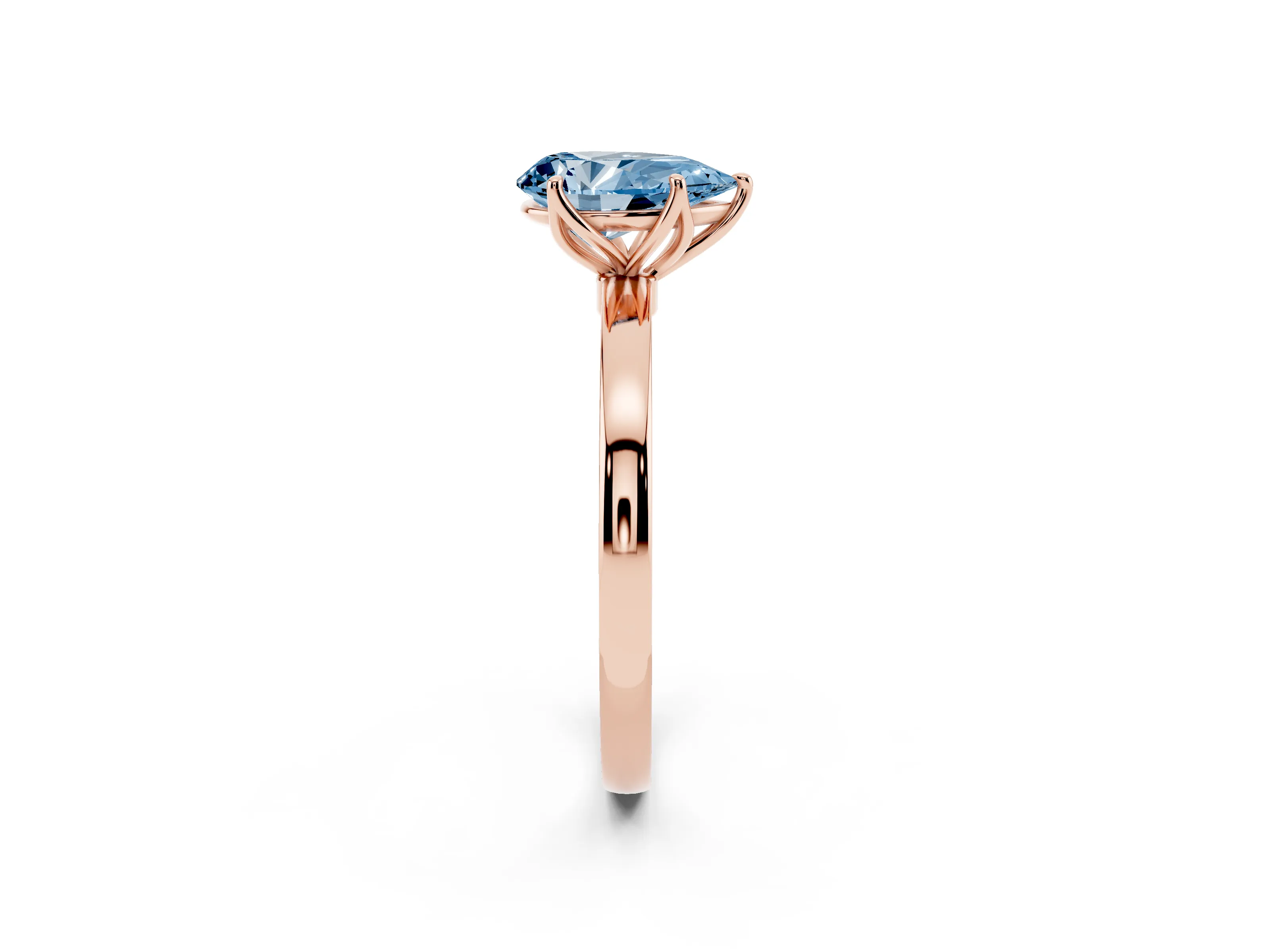 Fancy Blue Pear Cut Diamond Solitaire Ring Set in Rose gold with Prong Setting and Thin Polished Band