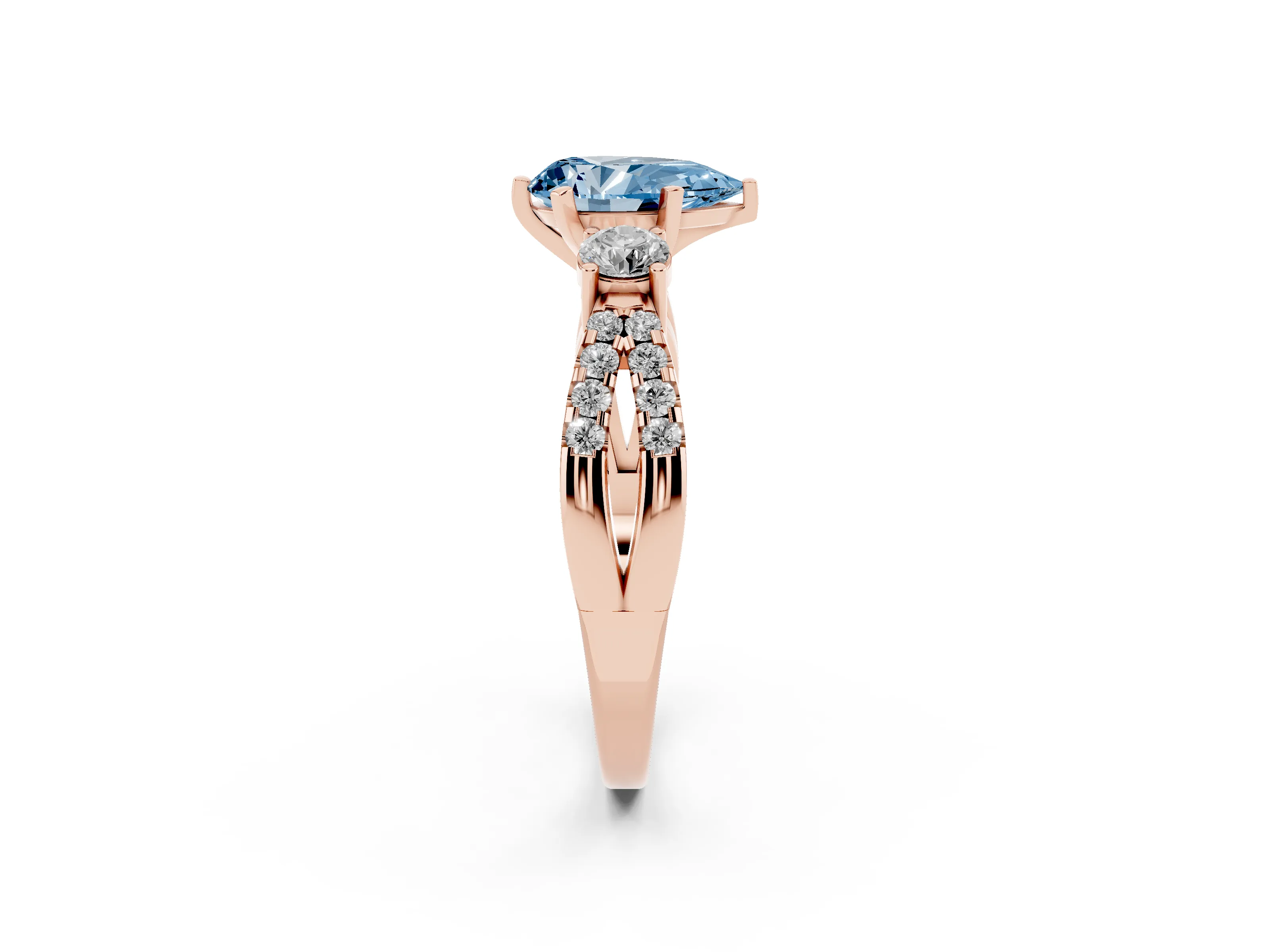 Fancy Blue Pear Cut Diamond Three-Stone Ring Set in Rose gold with Pavé Split Shank and Prong Setting