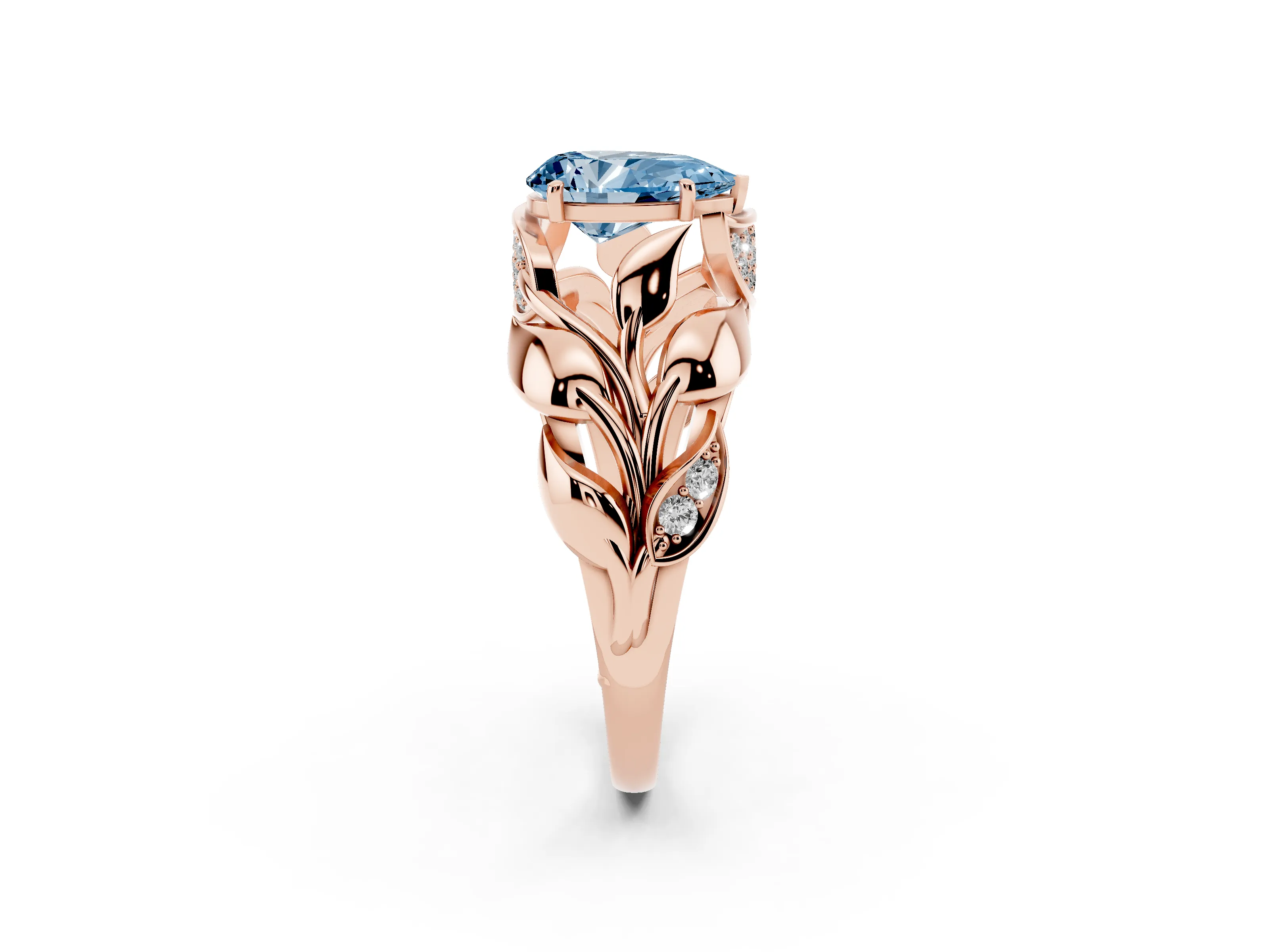 Fancy Blue Pear Cut Diamond Leaf-Inspired Engagement Ring Set in Rose gold with Round Accents