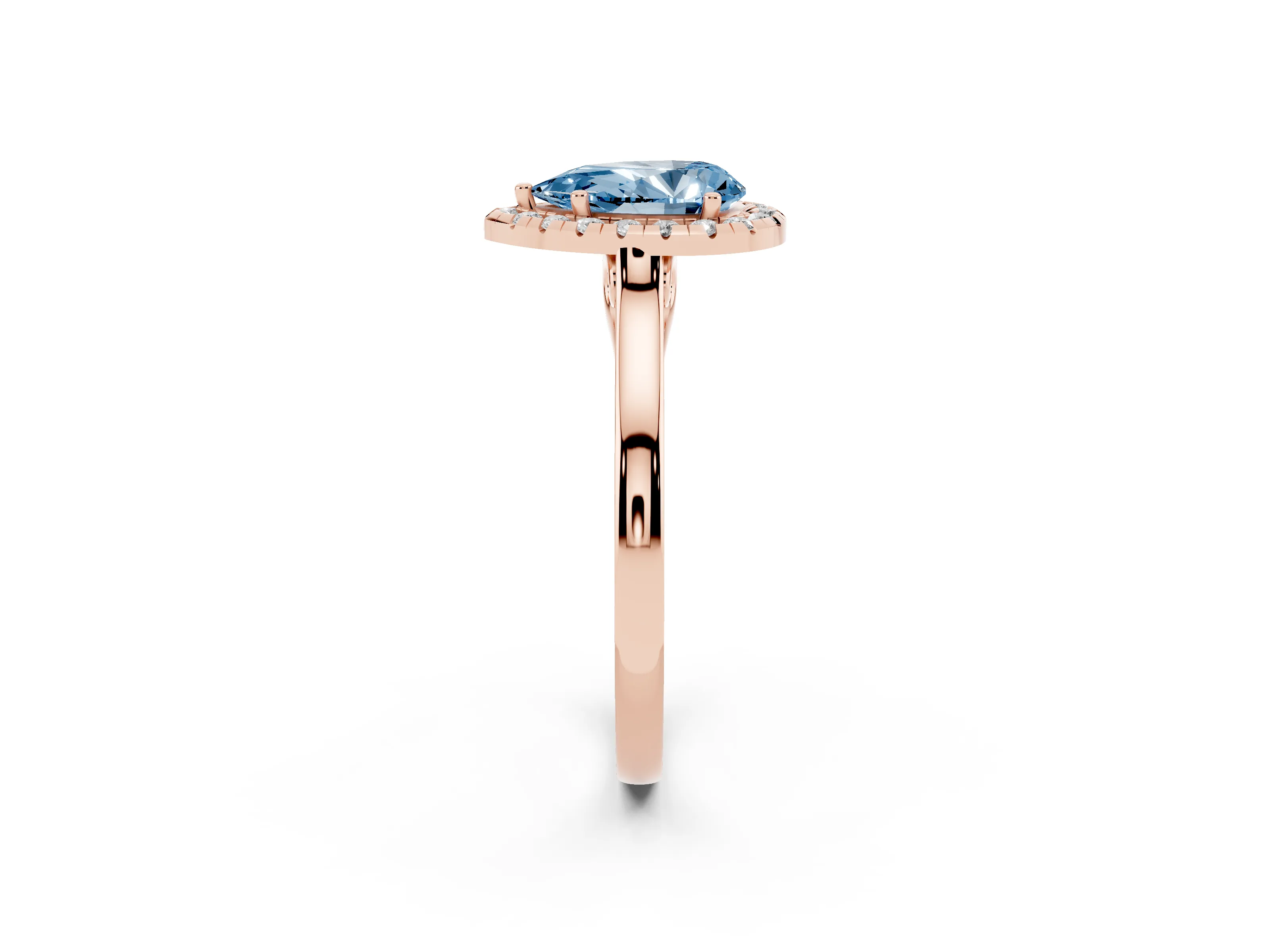 Fancy Blue Pear Cut Halo Round Diamond Solitaire Ring Set in Rose gold with Pavé Band and Prong Setting