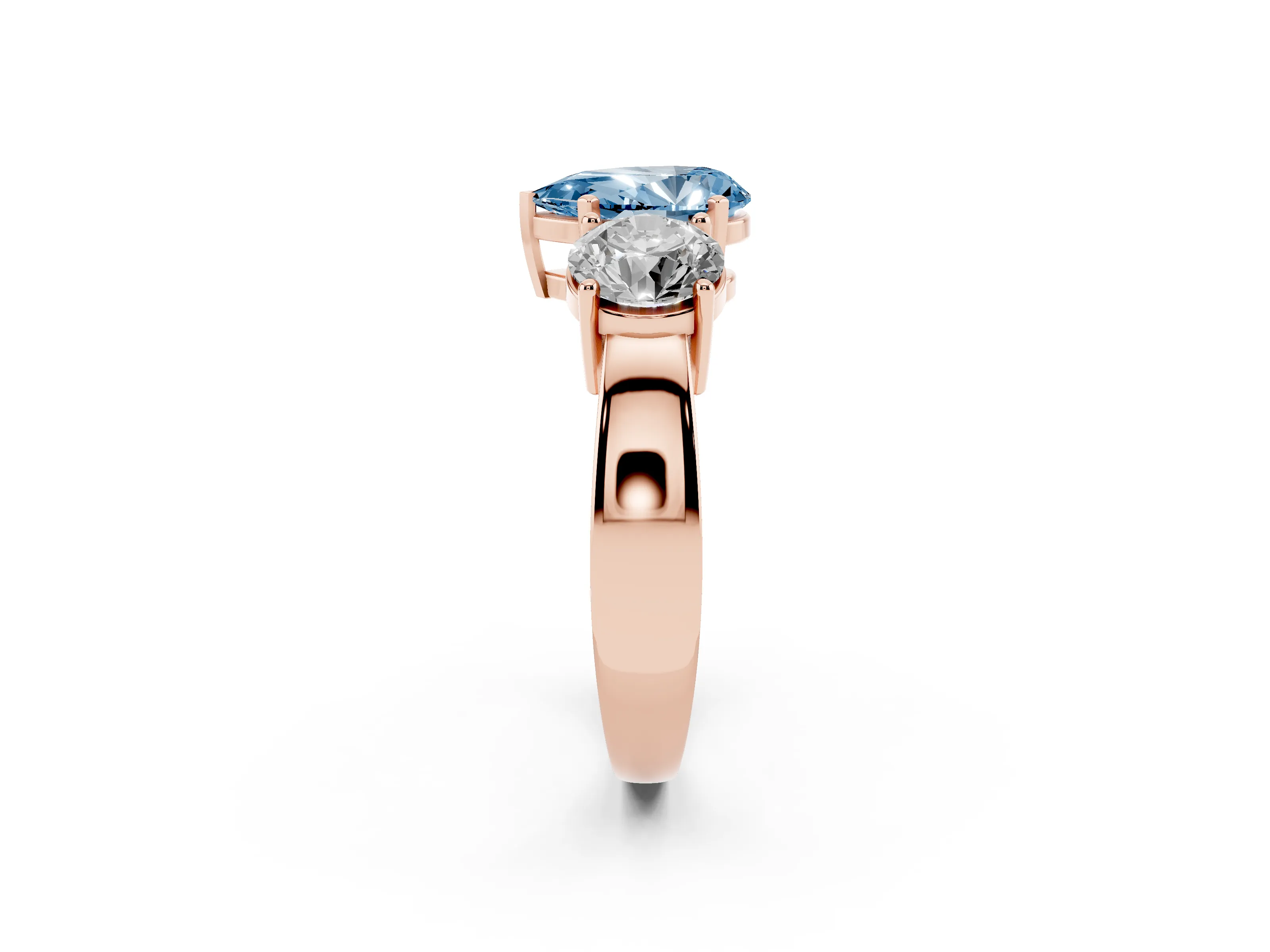 Fancy Blue Pear Cut Diamond Three-Stone Ring Set in Rose gold with Round Side Stones and Classic Band