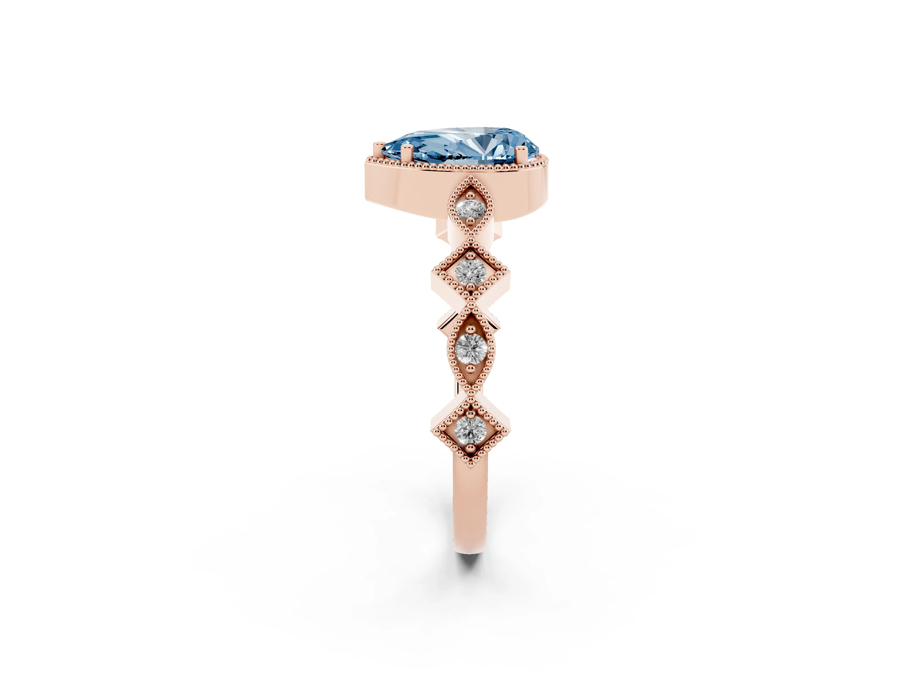 Fancy Blue Pear Cut Diamond Milgrain Marquise Twist Band Ring Set in Rose gold with Prong Setting