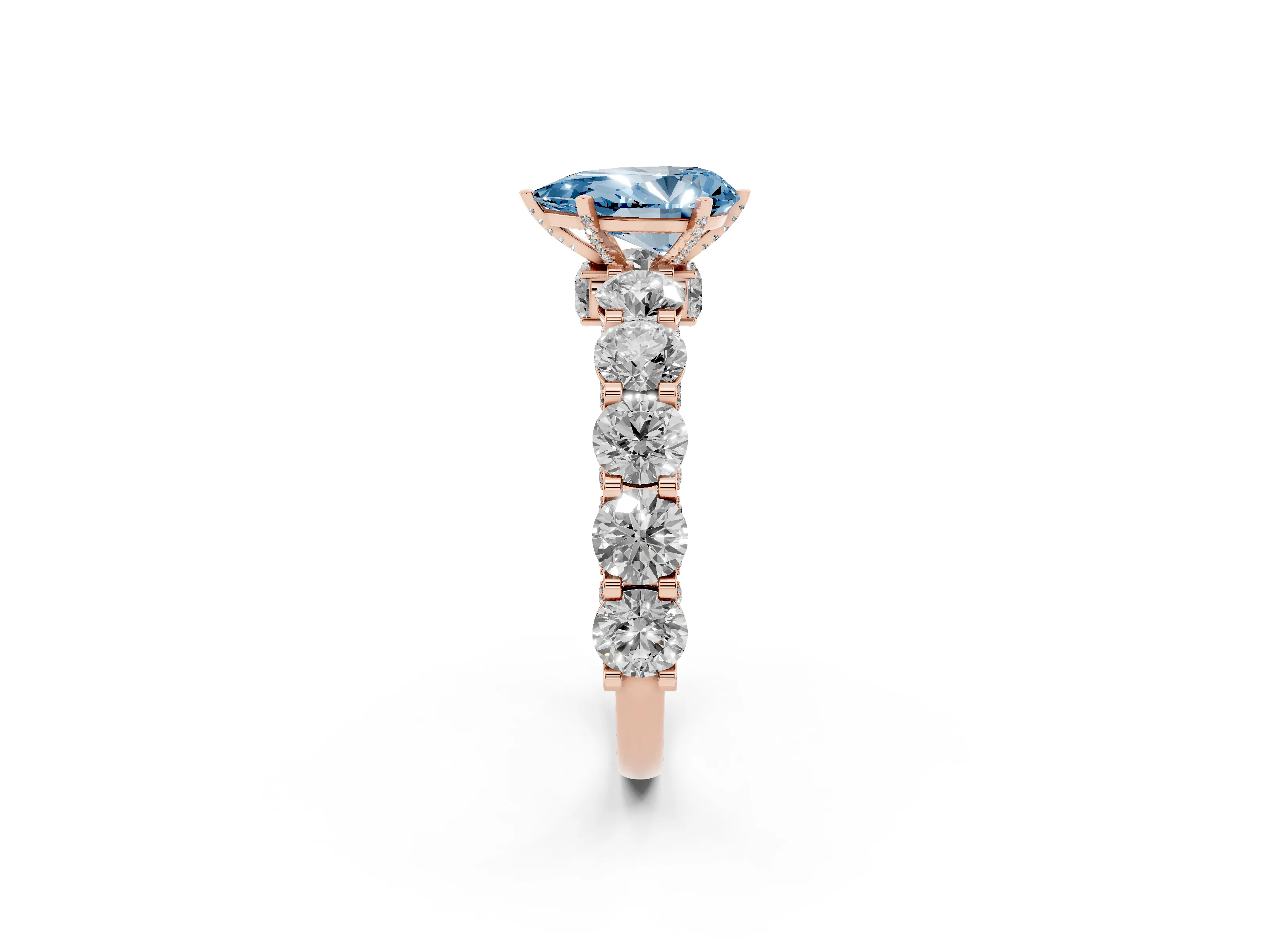 Fancy Blue Pear Cut Diamond Side Stone Ring Set in Rose gold with Alternating Round and Oval Side Stones
