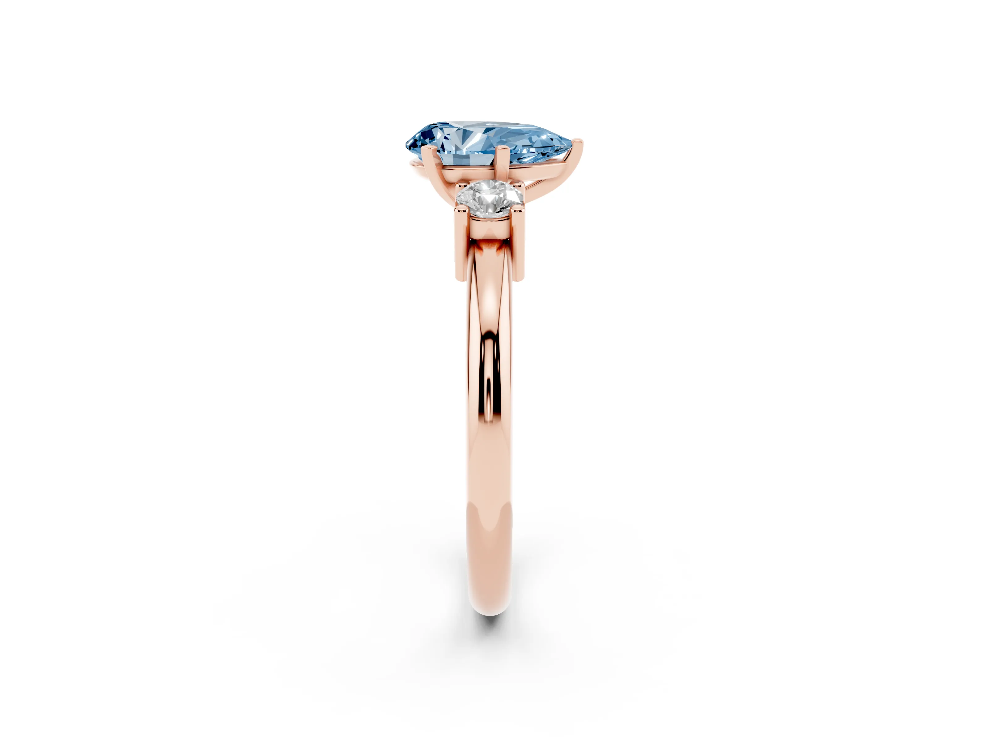Fancy Blue Three-Stone Pear Cut Diamond Ring Set in Rose gold with Prong Setting and Plain Band