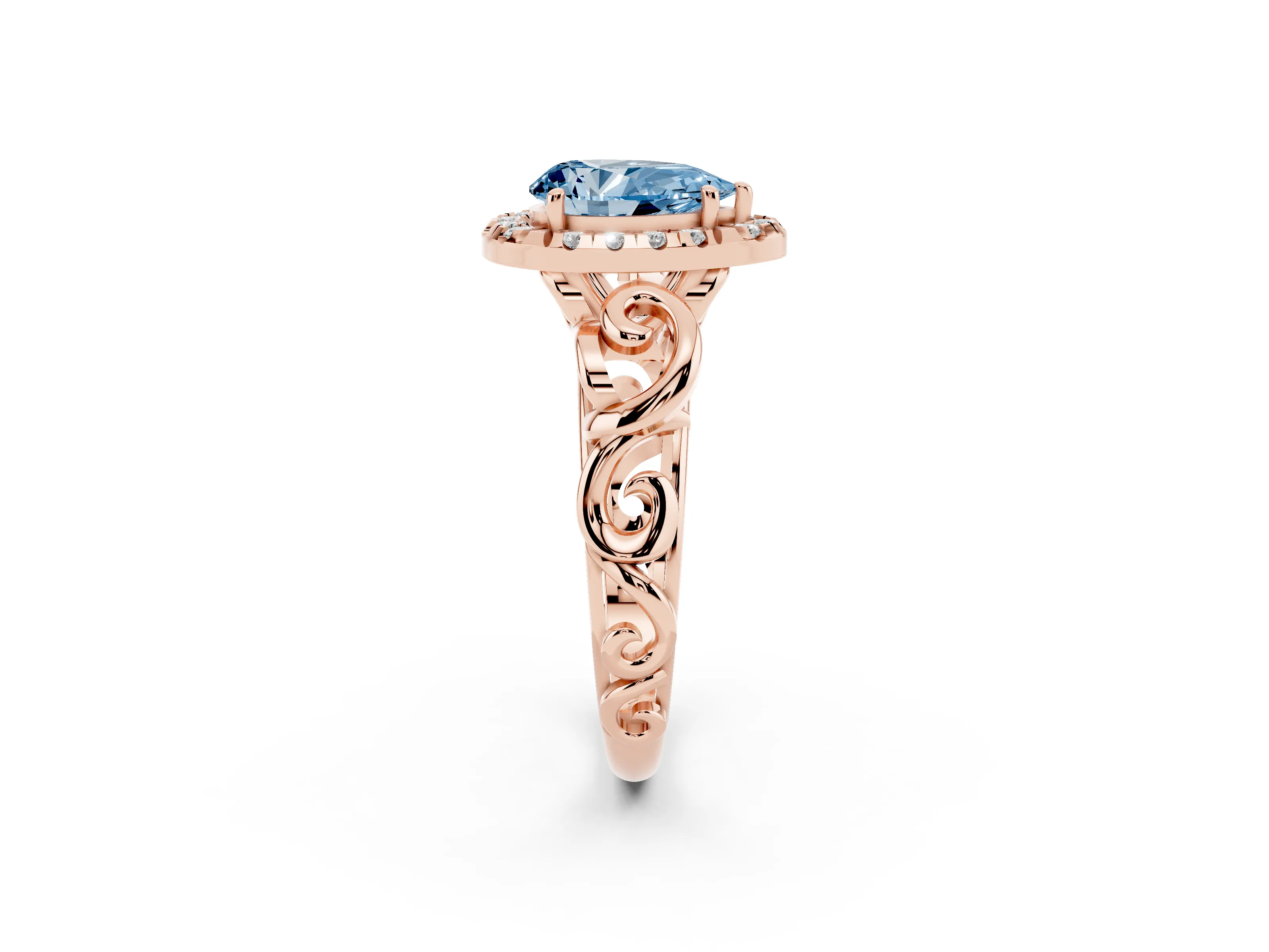 Fancy Blue Pear Cut Diamond Halo Ring Set in Rose gold with Scrollwork Band and Prong Setting