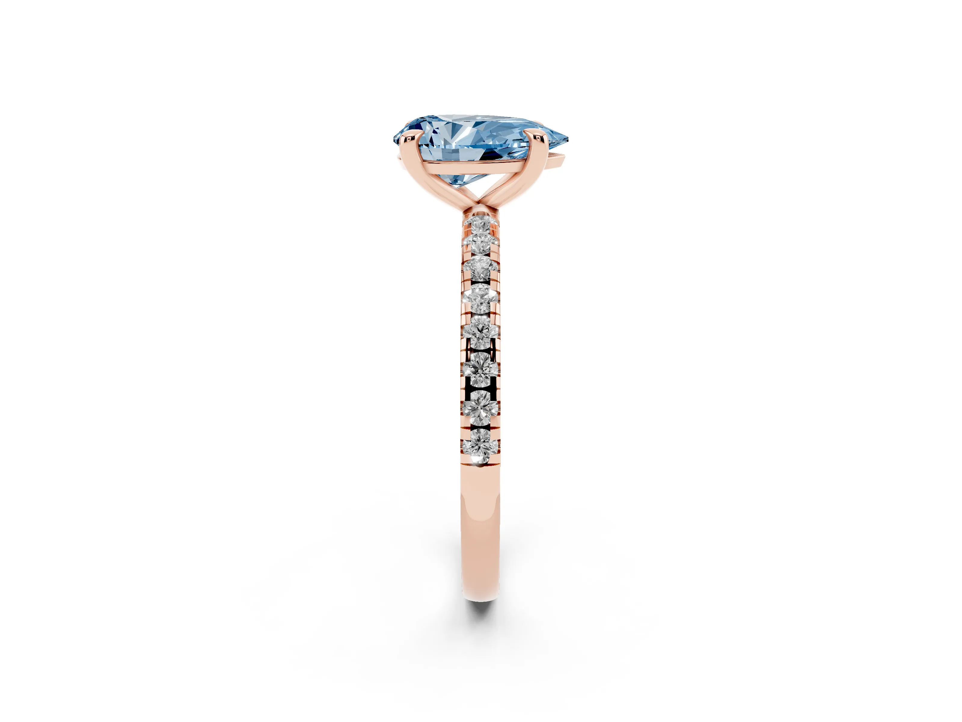 Fancy Blue Pear Cut Diamond Brilliant Solitaire Ring Set in Rose gold with Pavé Band and Prong Setting