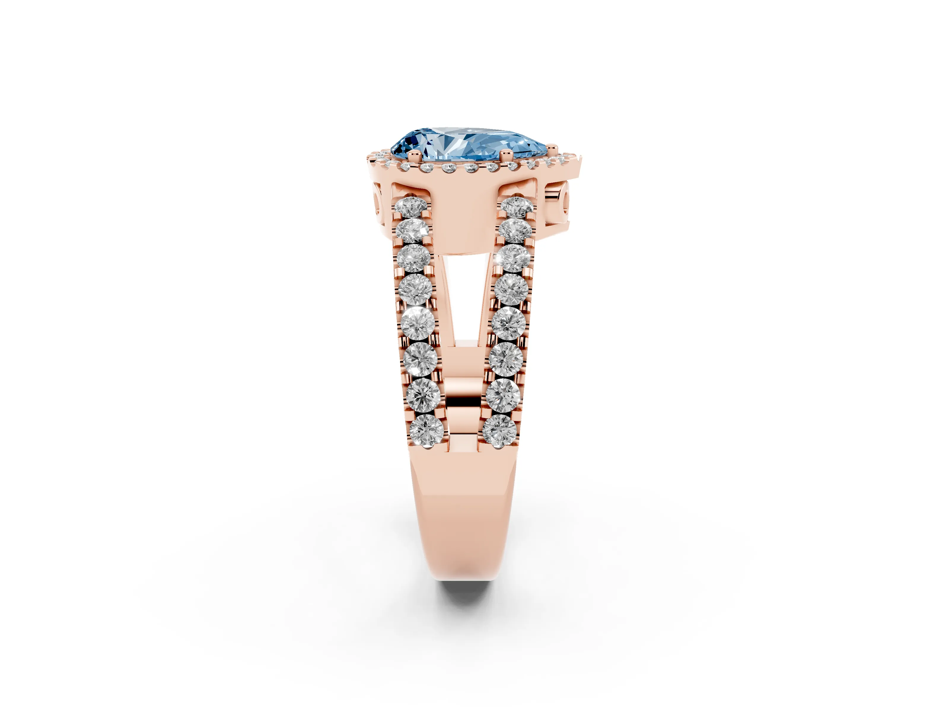 Fancy Blue Pear Cut Diamond Halo Ring Set in Rose gold with Pavé Split Shank and Prong Setting