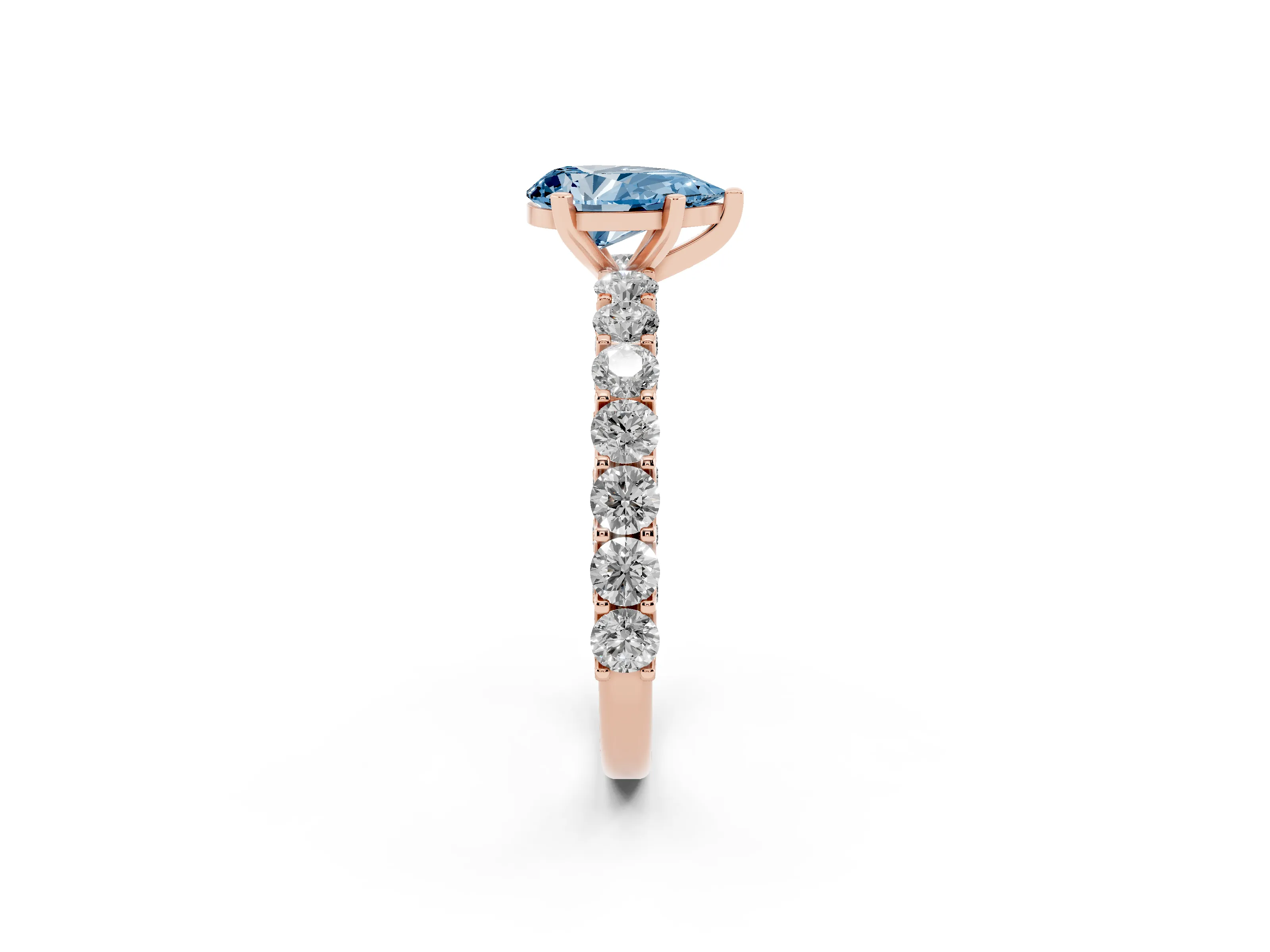 Fancy Blue Pear Cut Diamond Solitaire Ring Set in Rose gold with Shared Prong Pavé Band