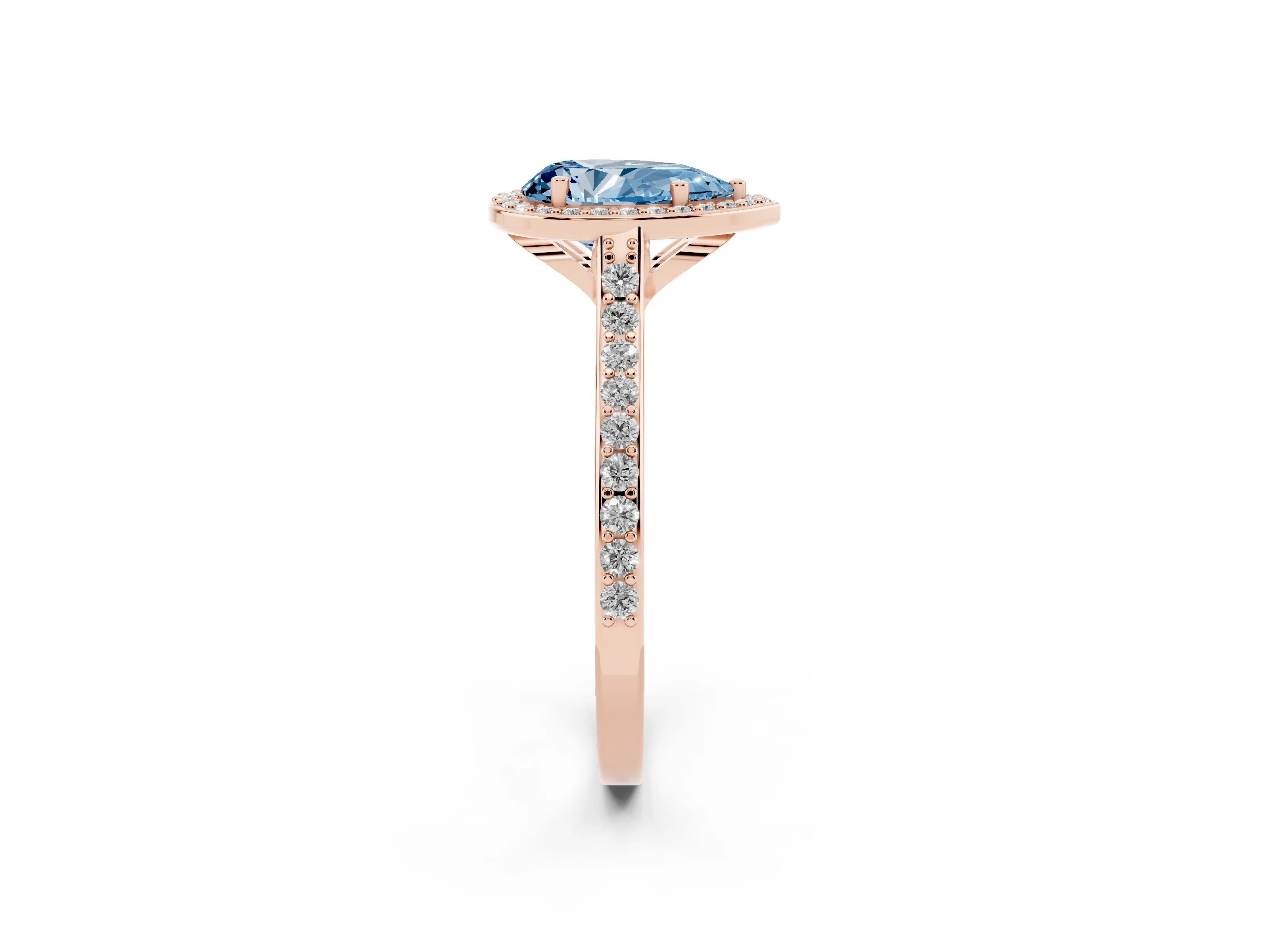 Fancy Blue Pear Cut Diamond Halo Engagement Ring Set in Rose gold with Round Pavé Shoulders and Heart Gallery