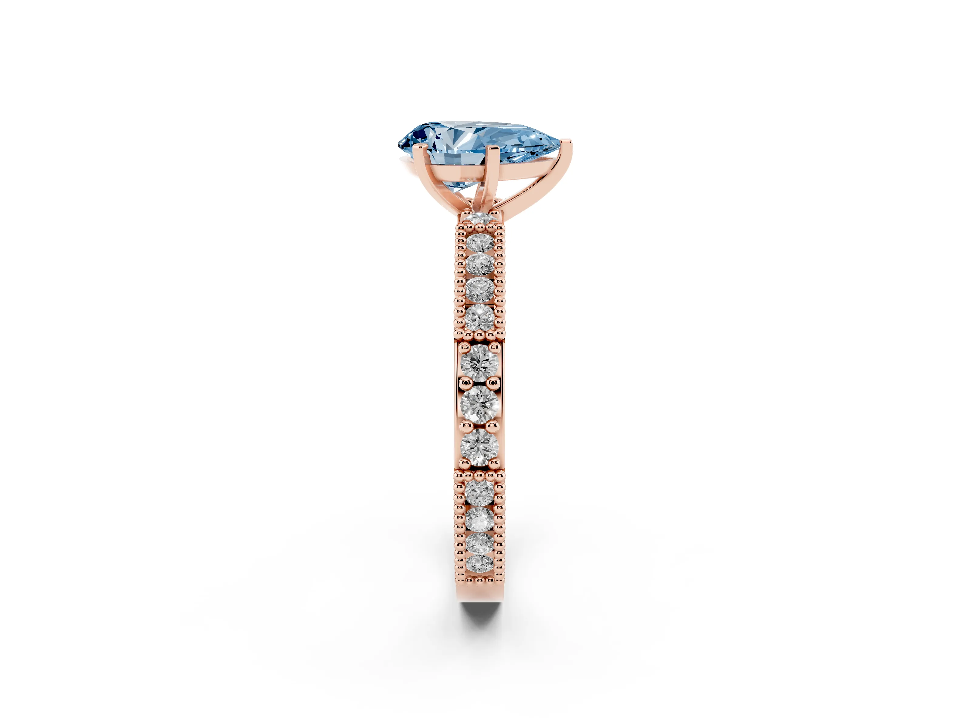 Fancy Blue Pear Cut Diamond Solitaire Ring Set in Rose gold with Slim Pavé Band and Prong Setting