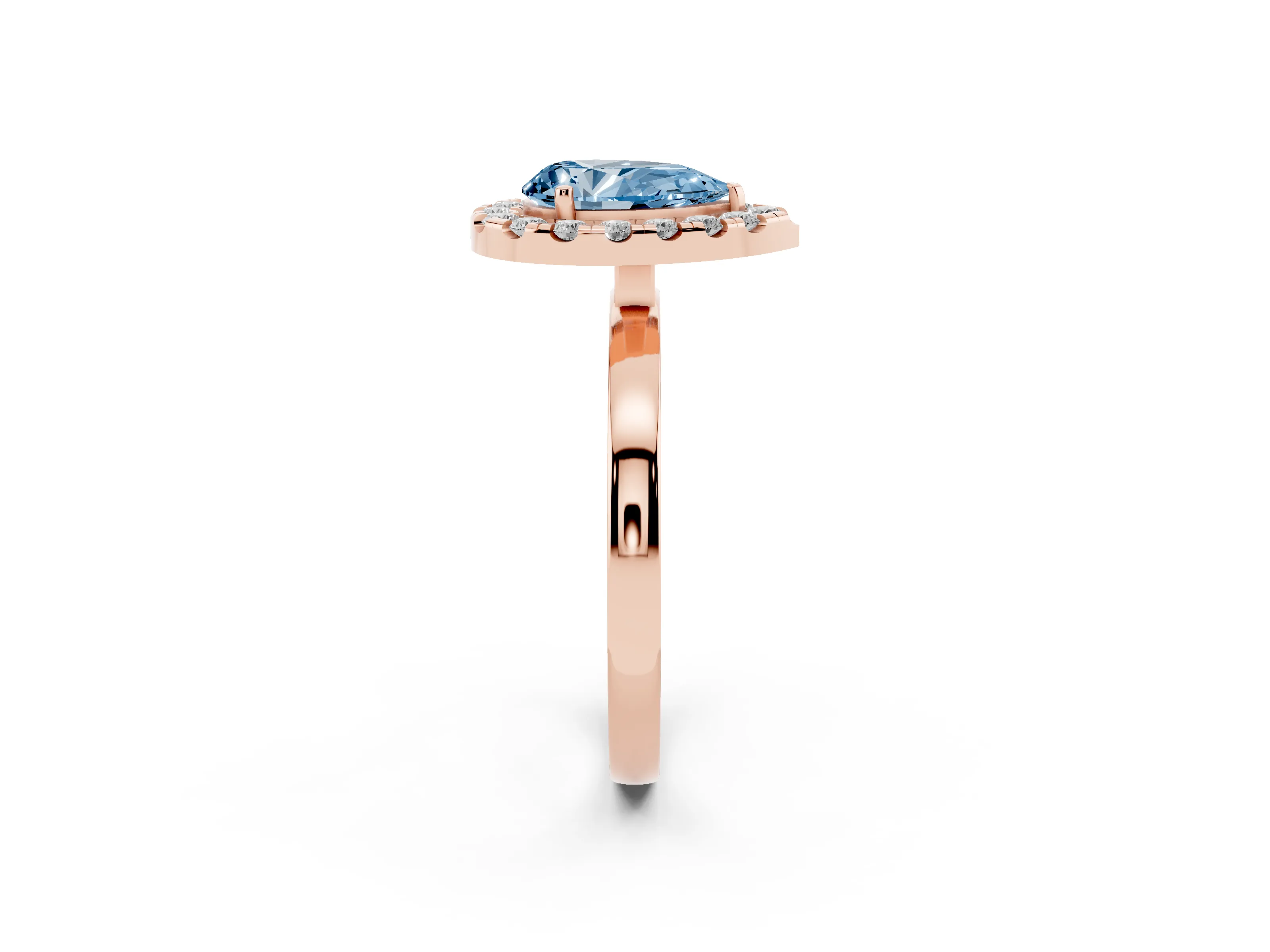 Fancy Blue Pear Cut Diamond Halo Solitaire Ring Set in Rose gold with Pavé Band and Prong Setting