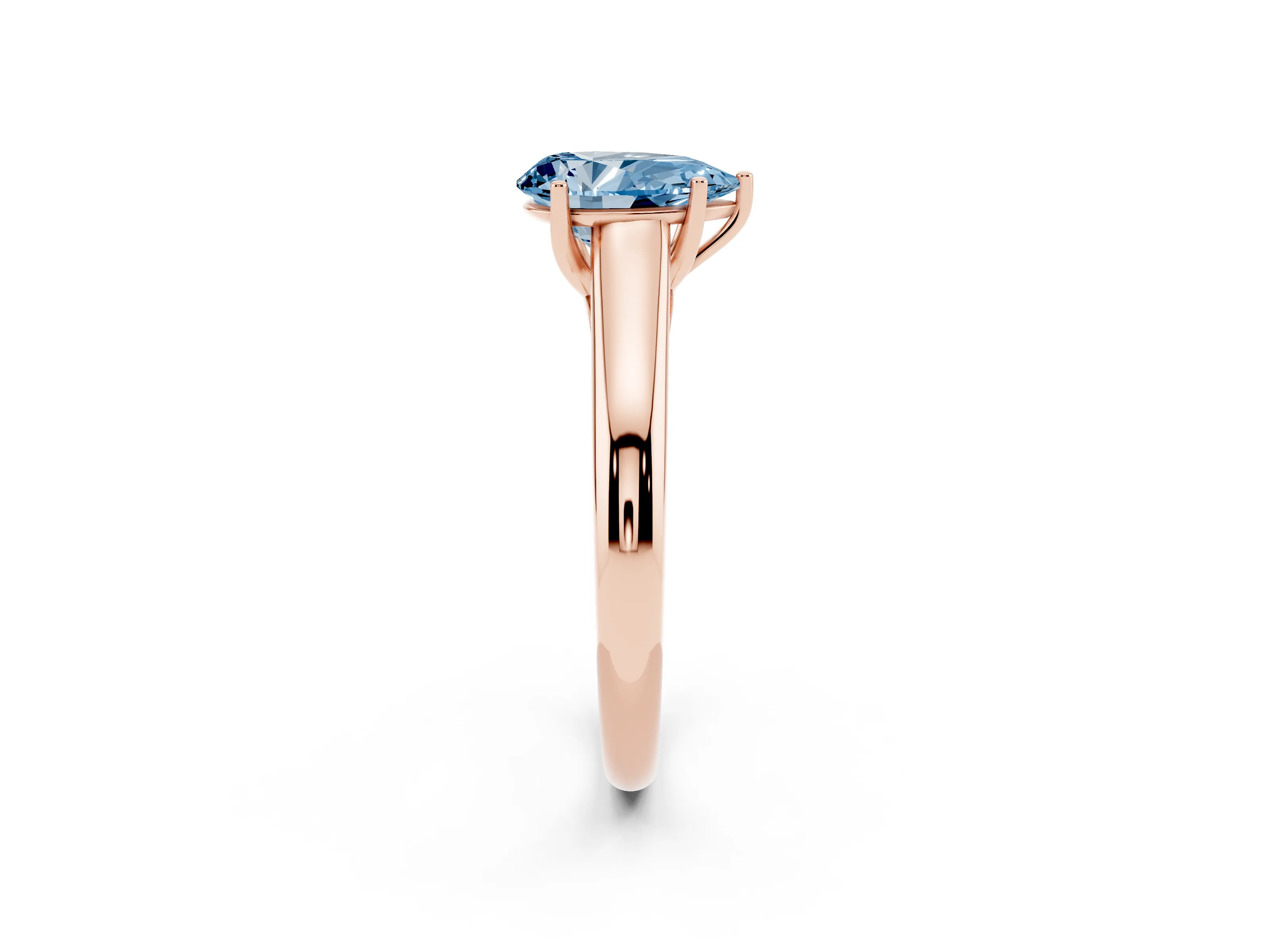 Fancy Blue Pear Cut Diamond Solitaire Engagement Ring Set in Rose gold with Subtly Tapered Band and Prong Setting