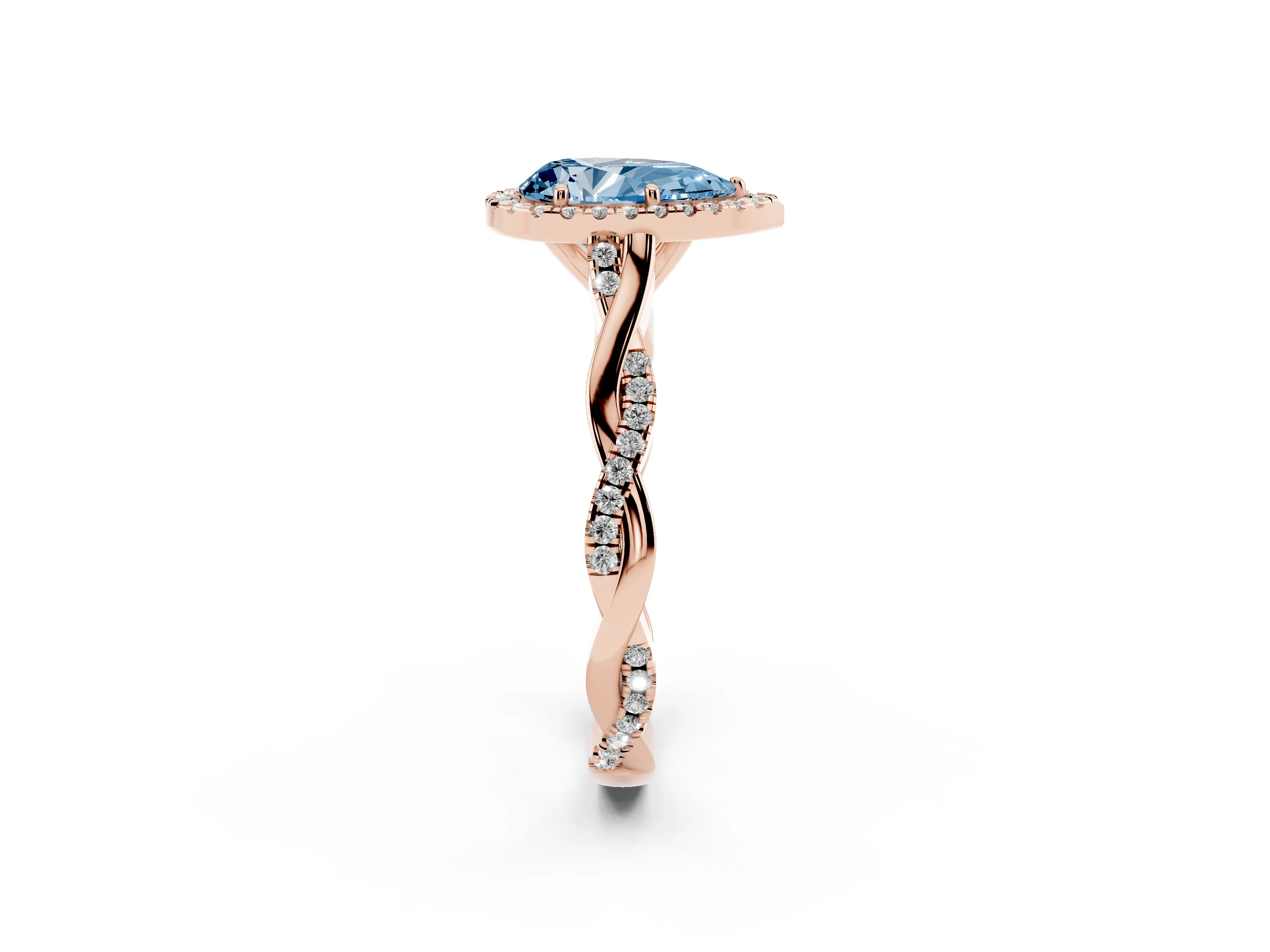 Fancy Blue Pear Cut Diamond Halo Twist Band Solitaire Ring Set in Rose gold with Prong Setting