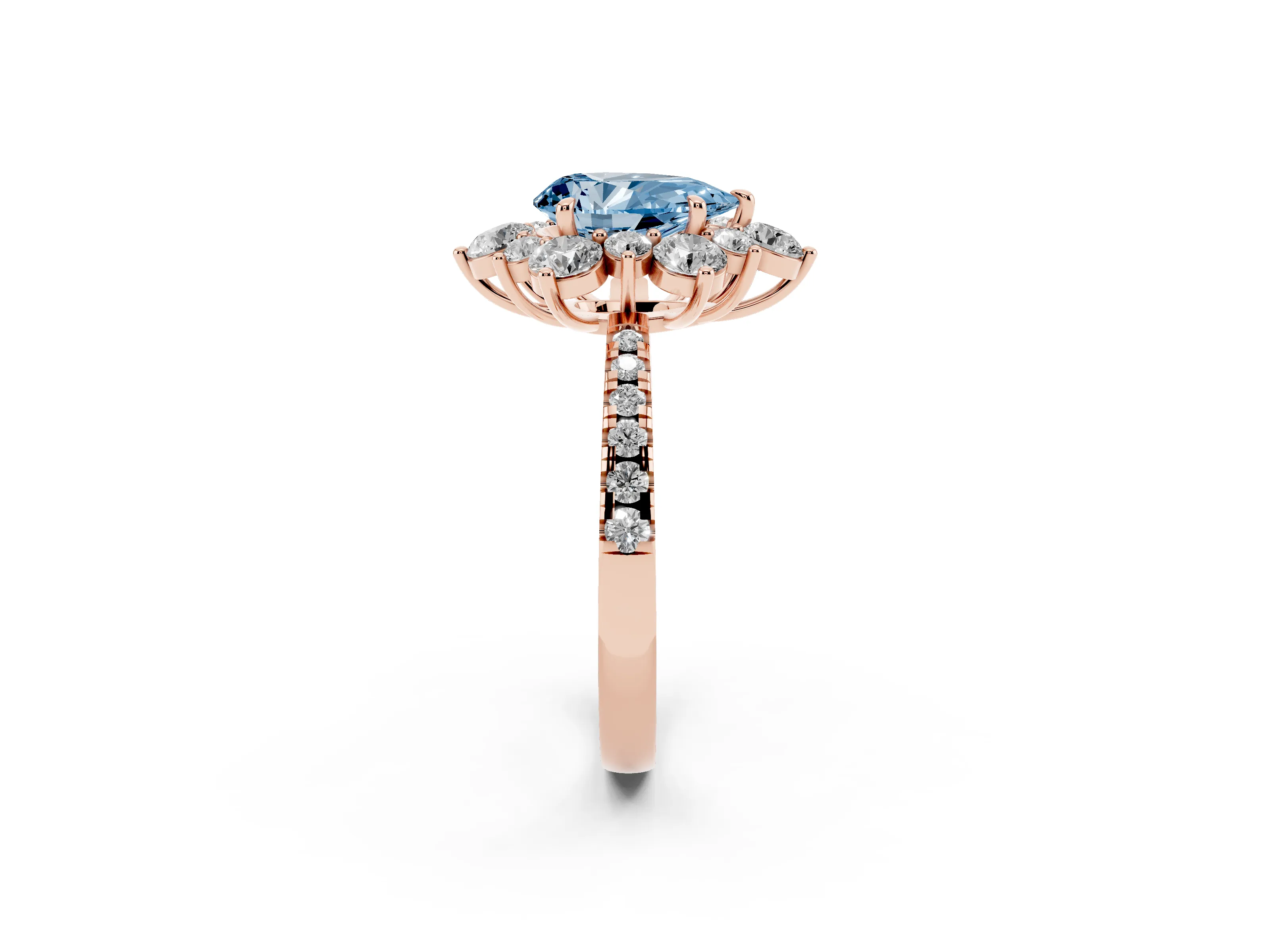 Fancy Blue Pear Cut Diamond Floral Halo Ring Set in Rose gold with Round Pavé Band and Prong Setting