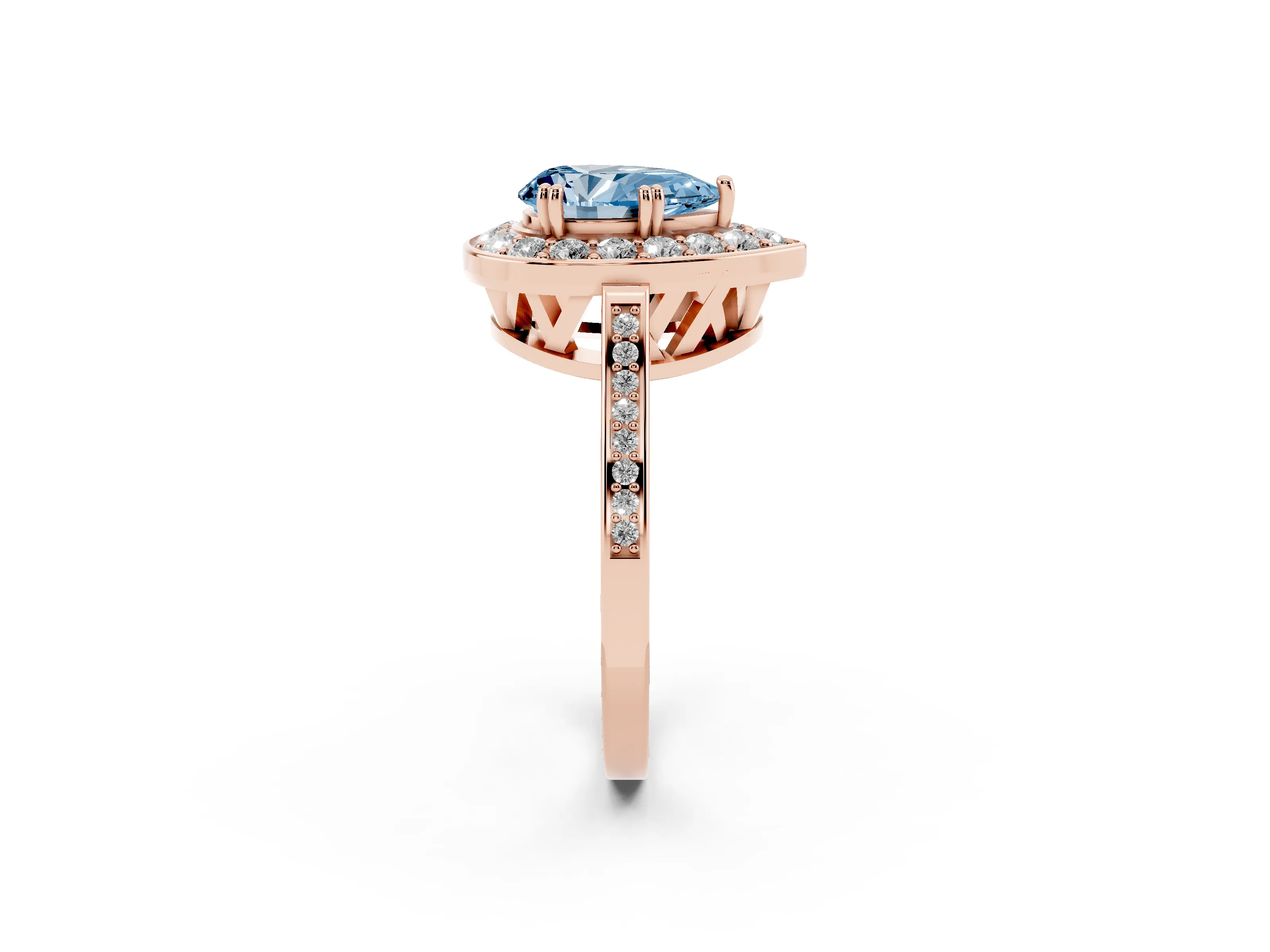 Fancy Blue Pear Cut Diamond Halo Ring Set in Rose gold with Accent-Lined Split Shank and Prong Setting