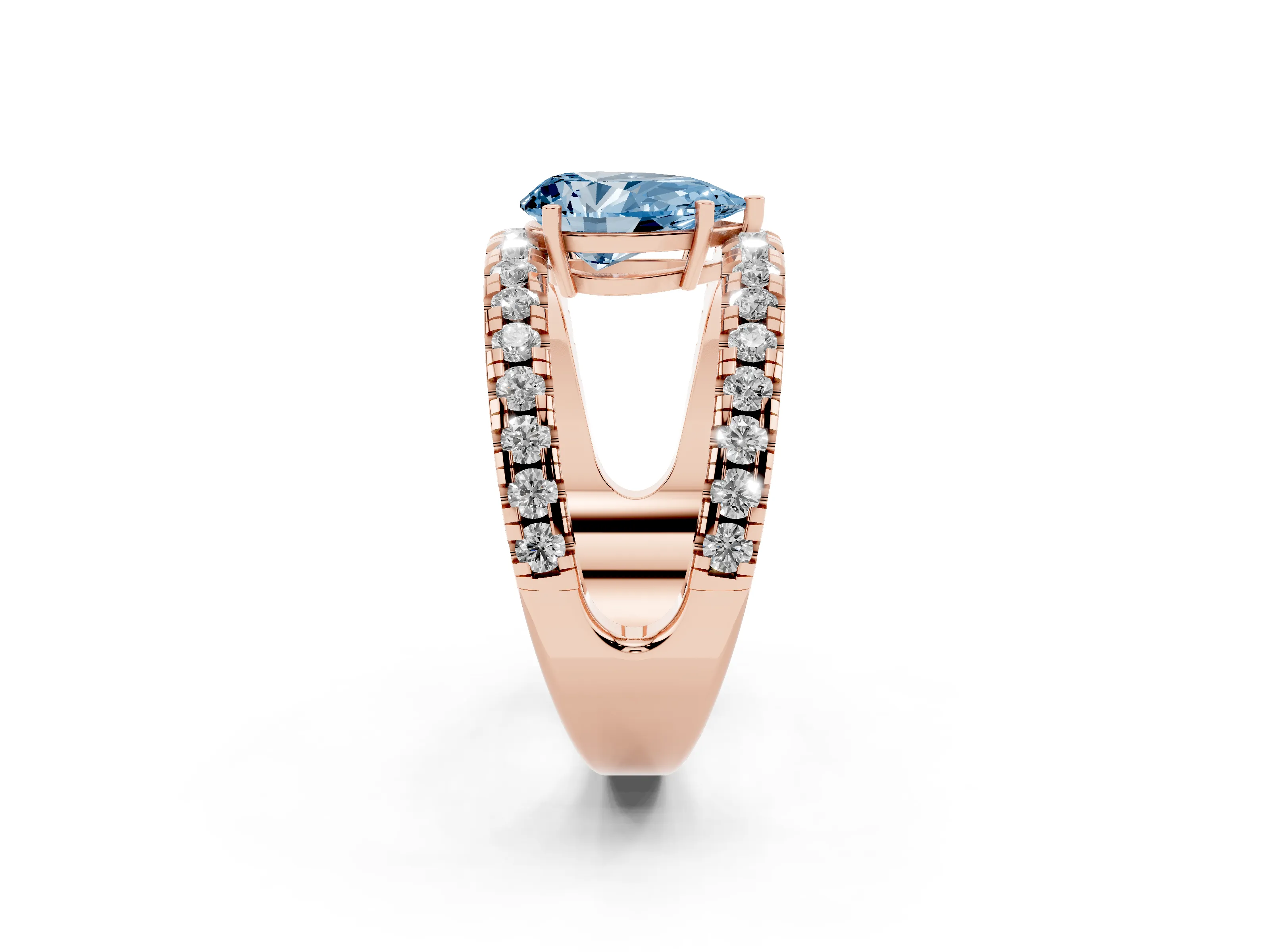 Fancy Blue Pear Cut Diamond Split Shank Pavé Solitaire Ring Set in Rose gold with Open Shank Design