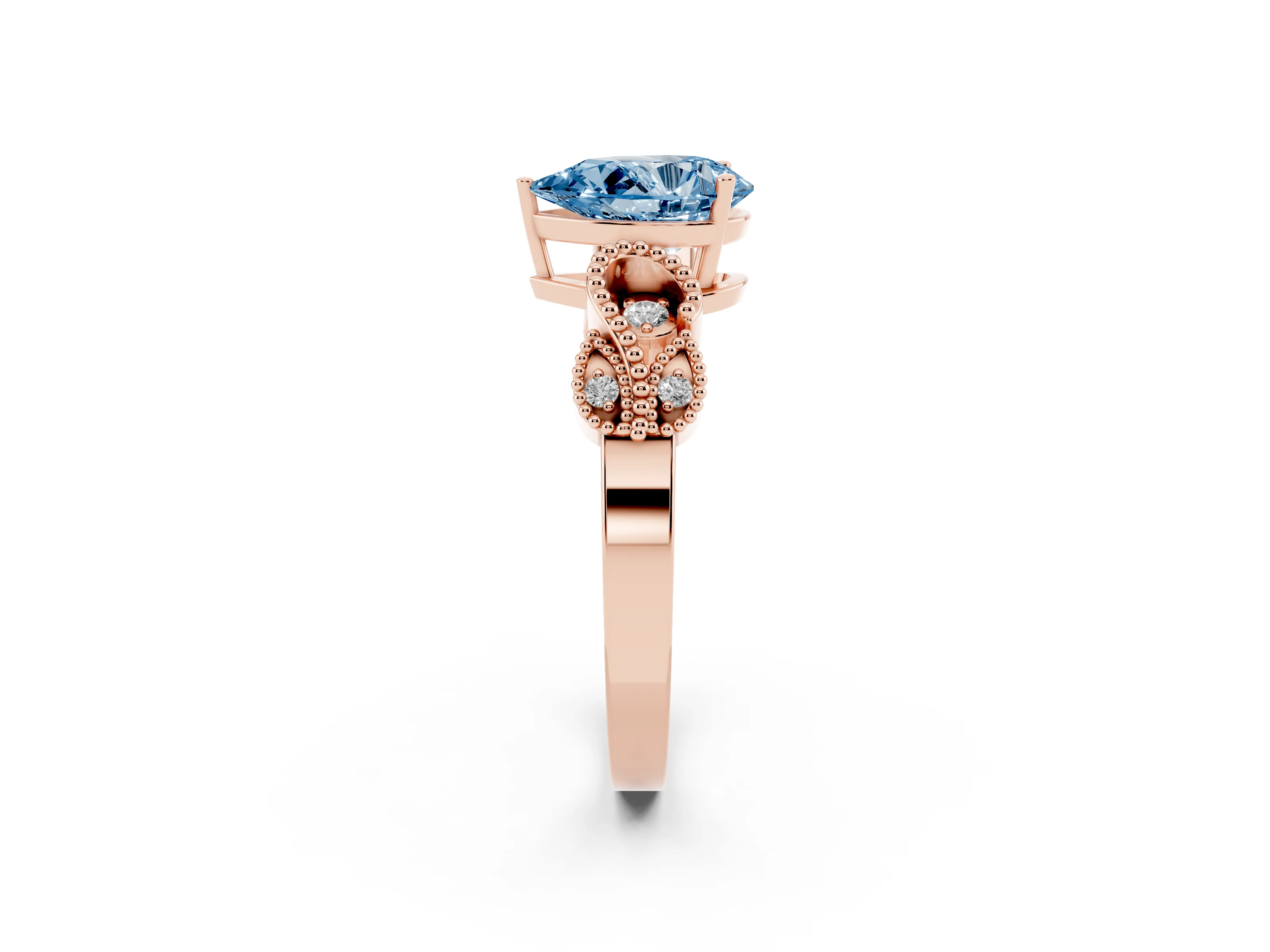 Fancy Blue Pear Cut Diamond Milgrain Leaf Band Solitaire Ring Set in Rose gold with Accent Stones and Prong Setting