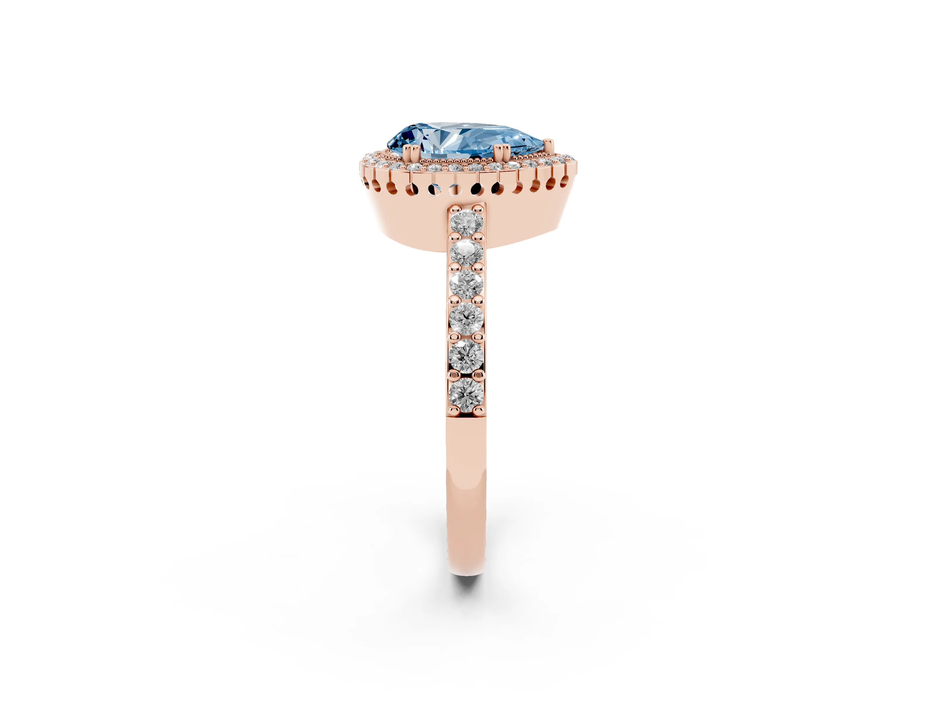 Fancy Blue Pear Cut Diamond Halo Engagement Ring Set in Rose gold with Milgrain Detail and Pavé Band