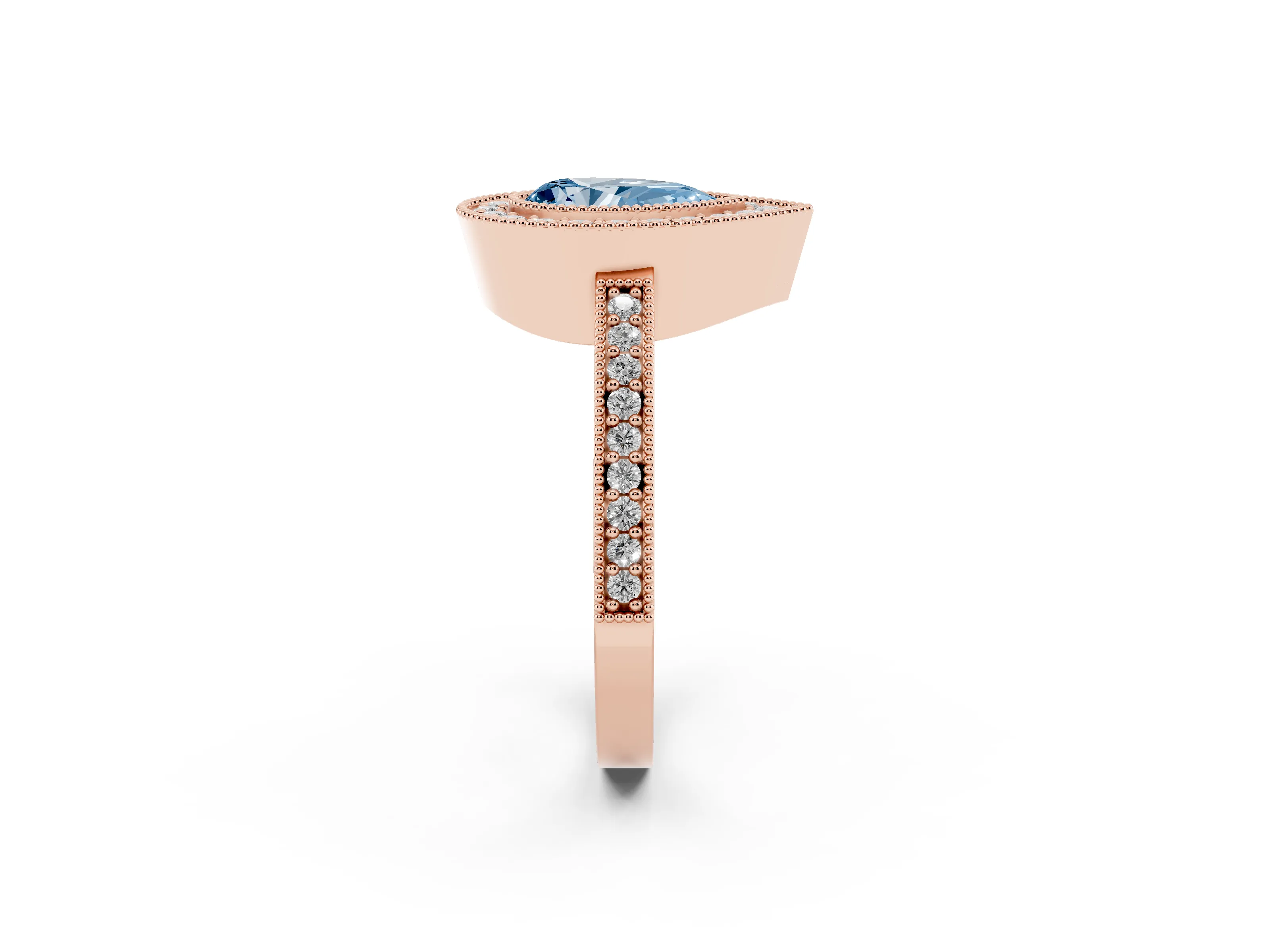 Fancy Blue Pear Cut Diamond Halo Engagement Ring Set in Rose gold with Pavé Band and Round Halo Stones