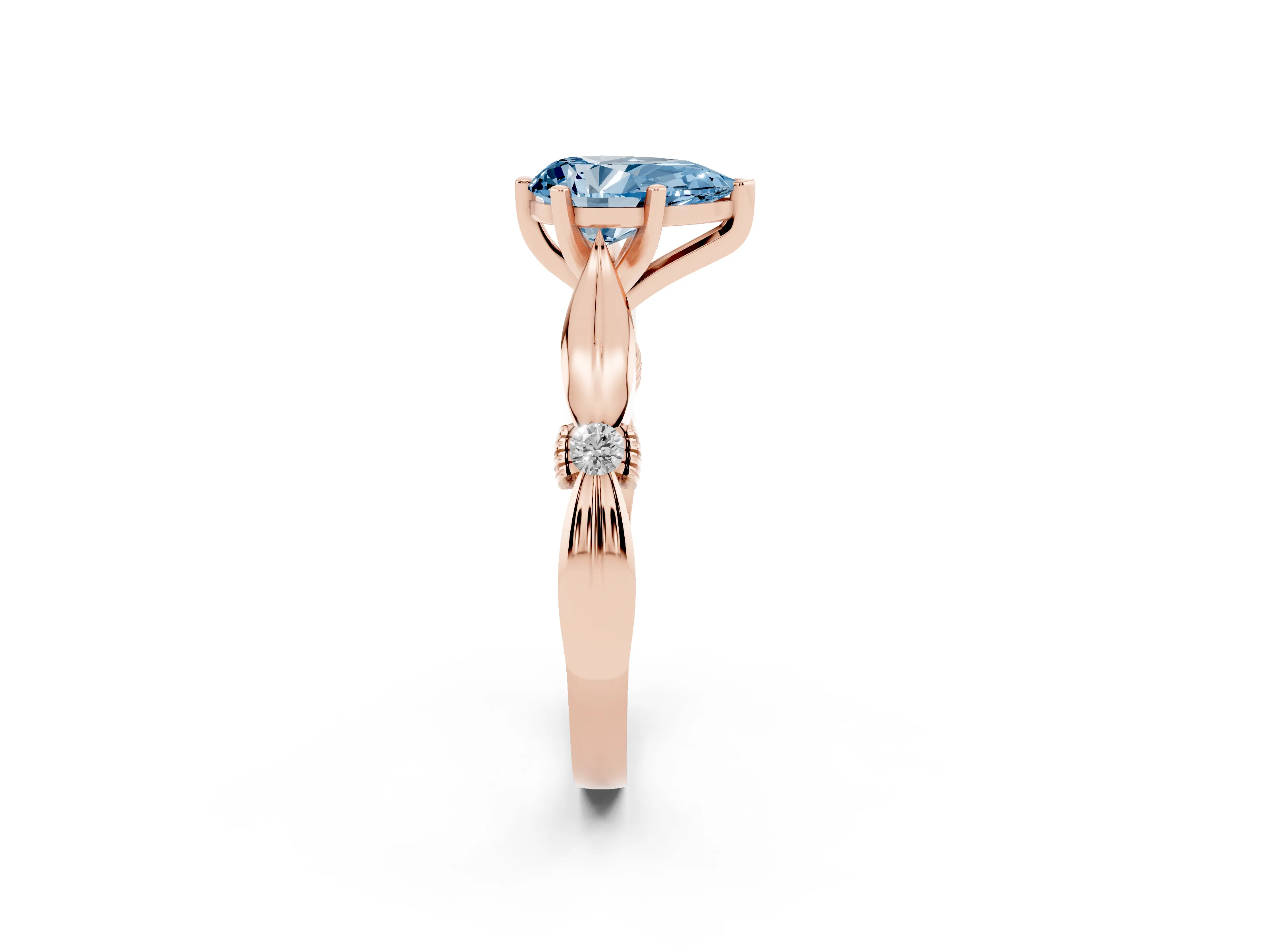 Fancy Blue Pear Cut Diamond Solitaire Twisted Band Ring Set in Rose gold with Accent Stones and Prong Setting