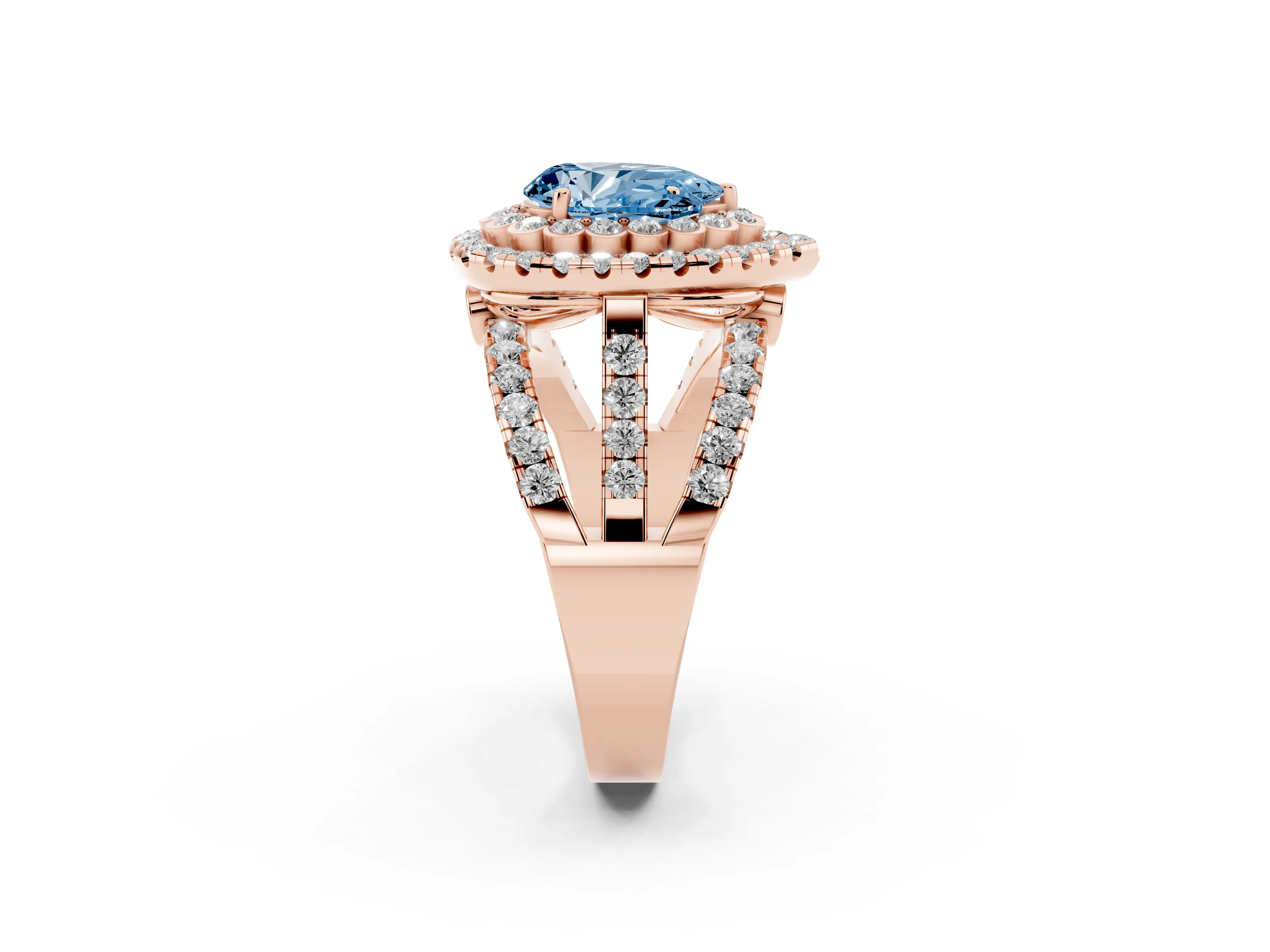 Fancy Blue Pear Cut Diamond Double Halo Ring Set in Rose gold with Round Pavé Split Shank