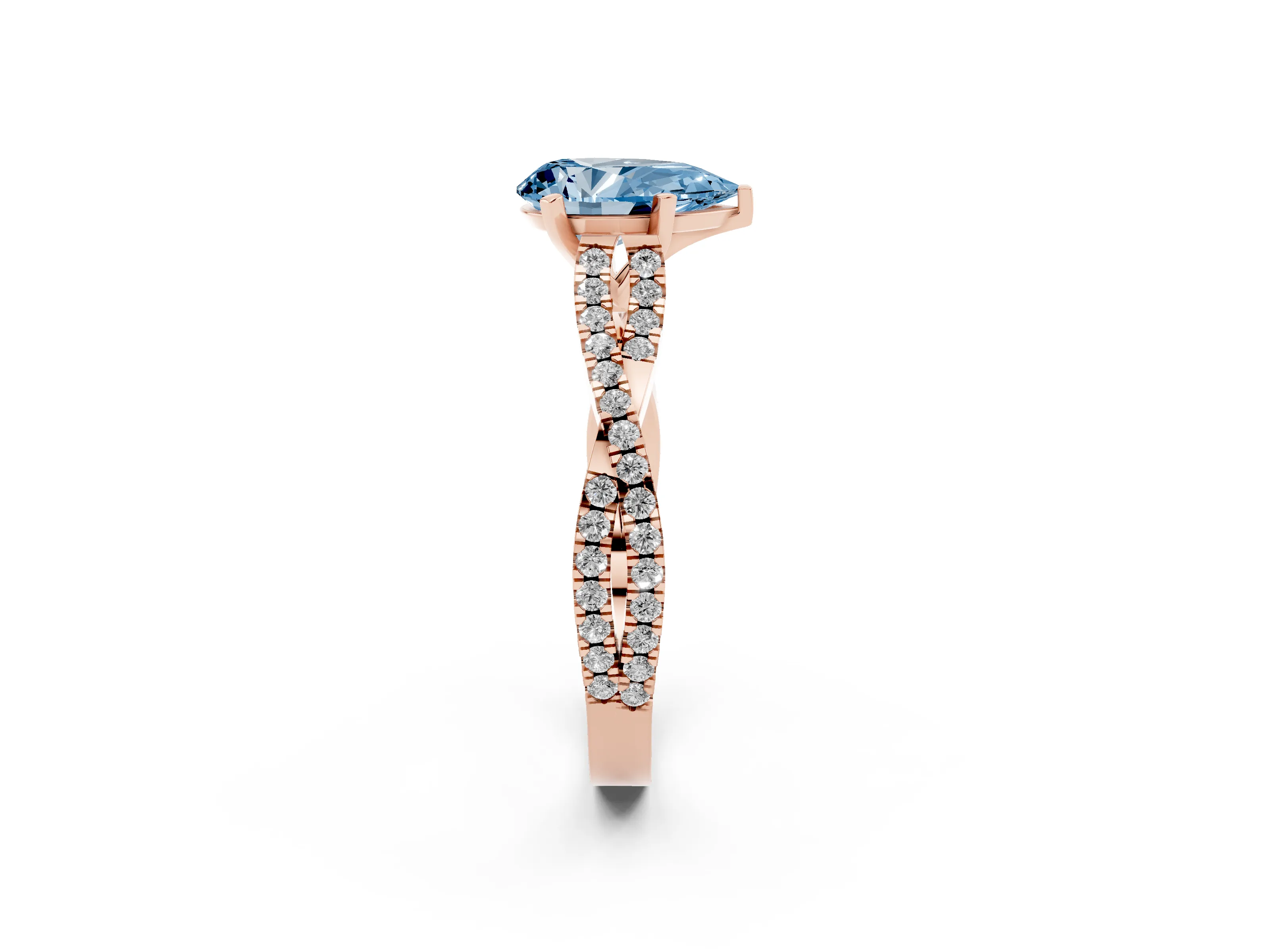 Fancy Blue Pear Cut Diamond Solitaire Engagement Ring Set in Rose gold with Twisted Pavé Band and Prong Setting