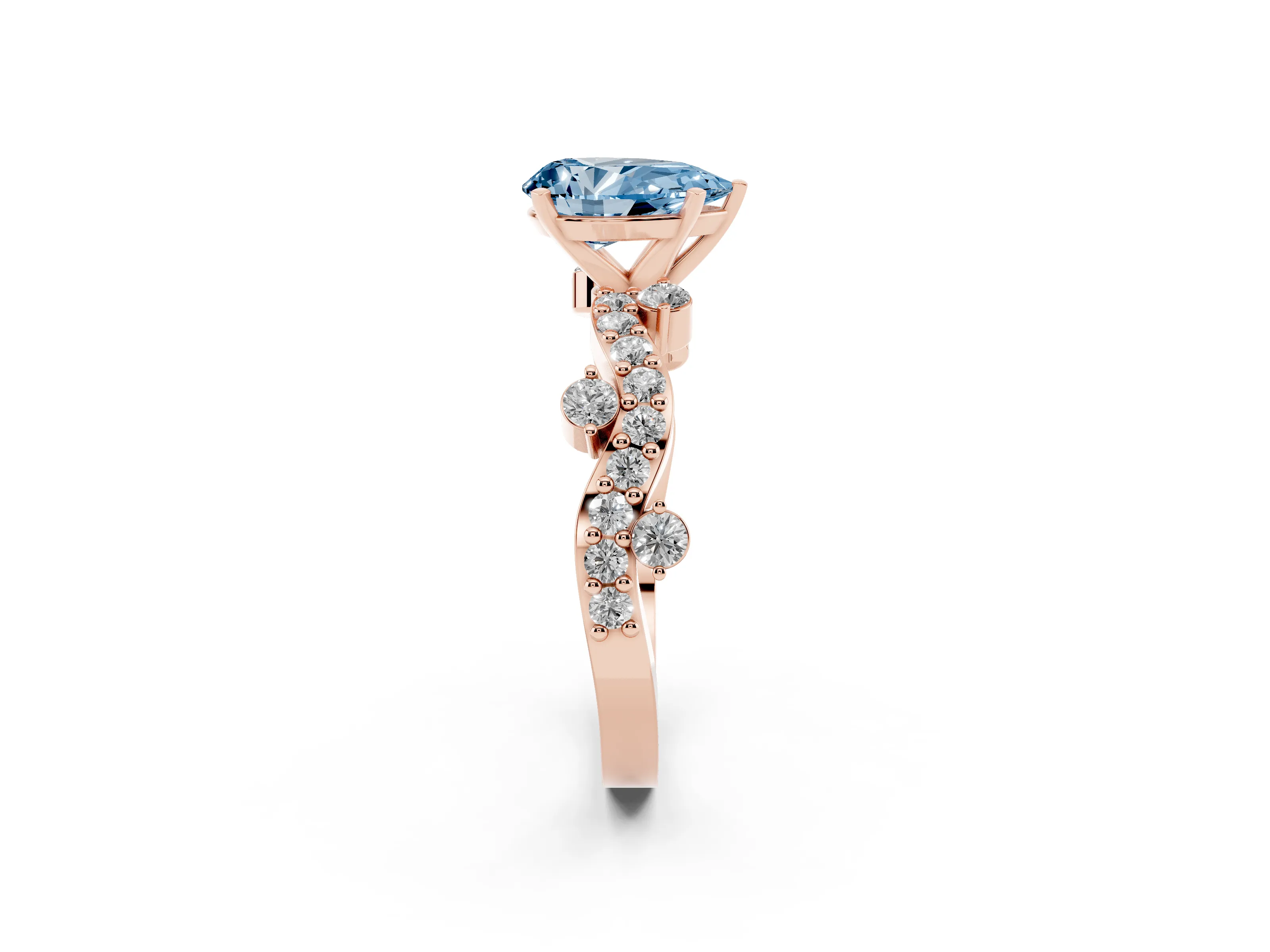 Fancy Blue Pear Cut Diamond Solitaire Twisted Band Set in Rose gold with Pavé Setting