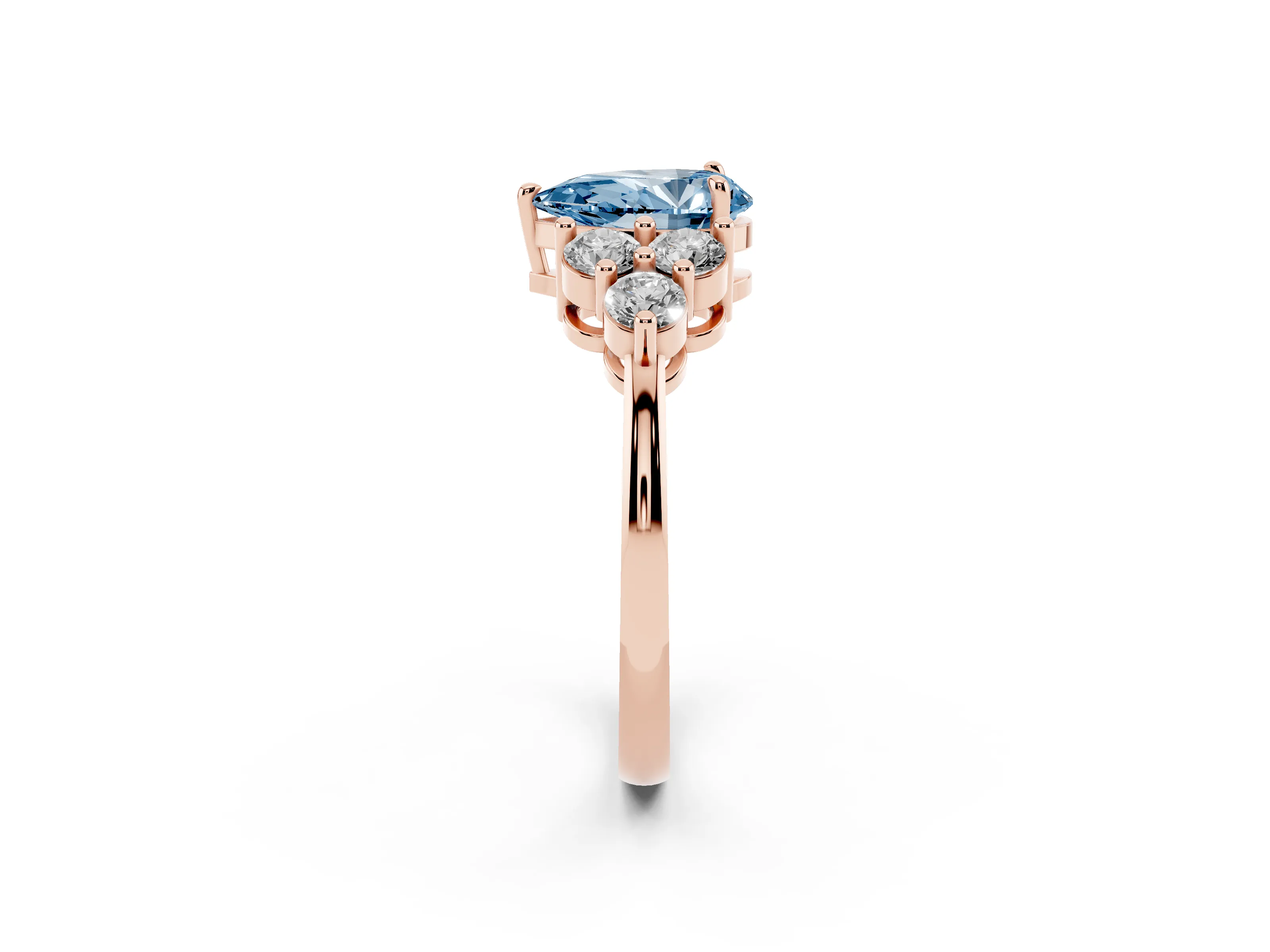 Fancy Blue Pear Cut Diamond Solitaire Ring Set in Rose gold with Cluster Accents on Each Side