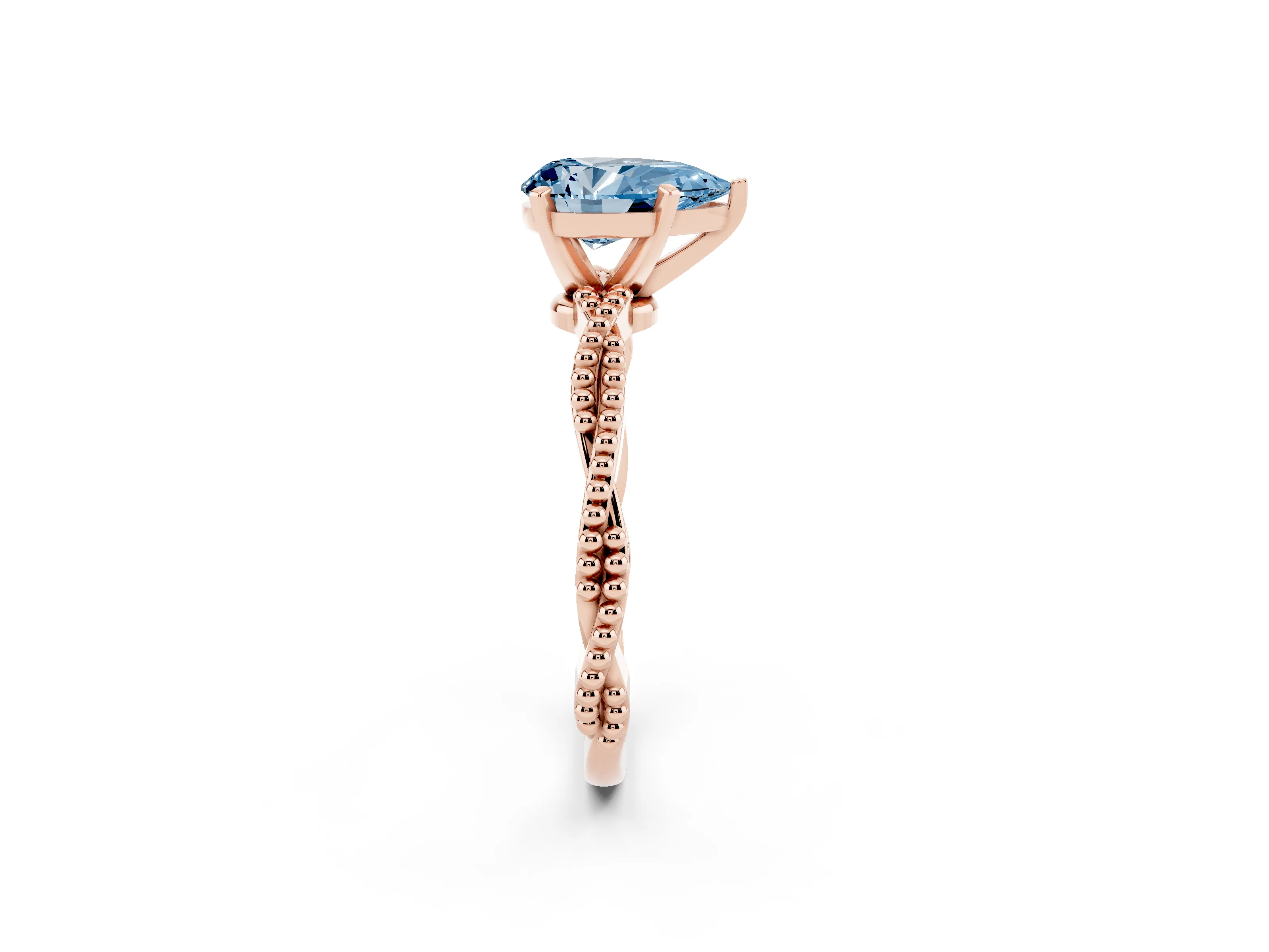Fancy Blue Pear Cut Diamond Solitaire Ring Set in Rose gold with Twisted Band and Bead Prong Setting