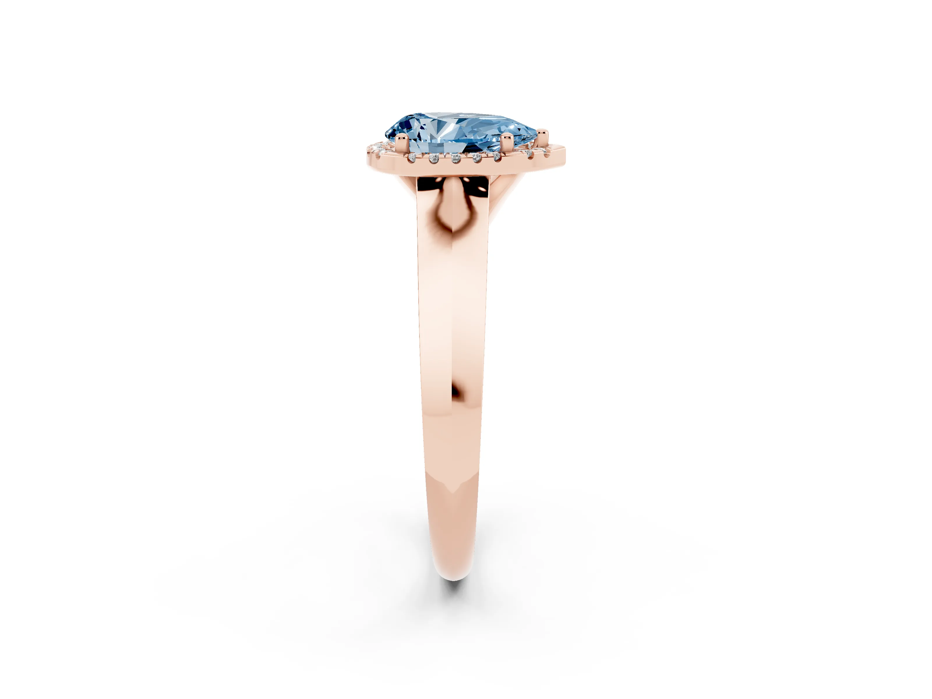 Fancy Blue Pear Cut Diamond Halo Ring Set in Rose gold with Cathedral Band and Prong Setting