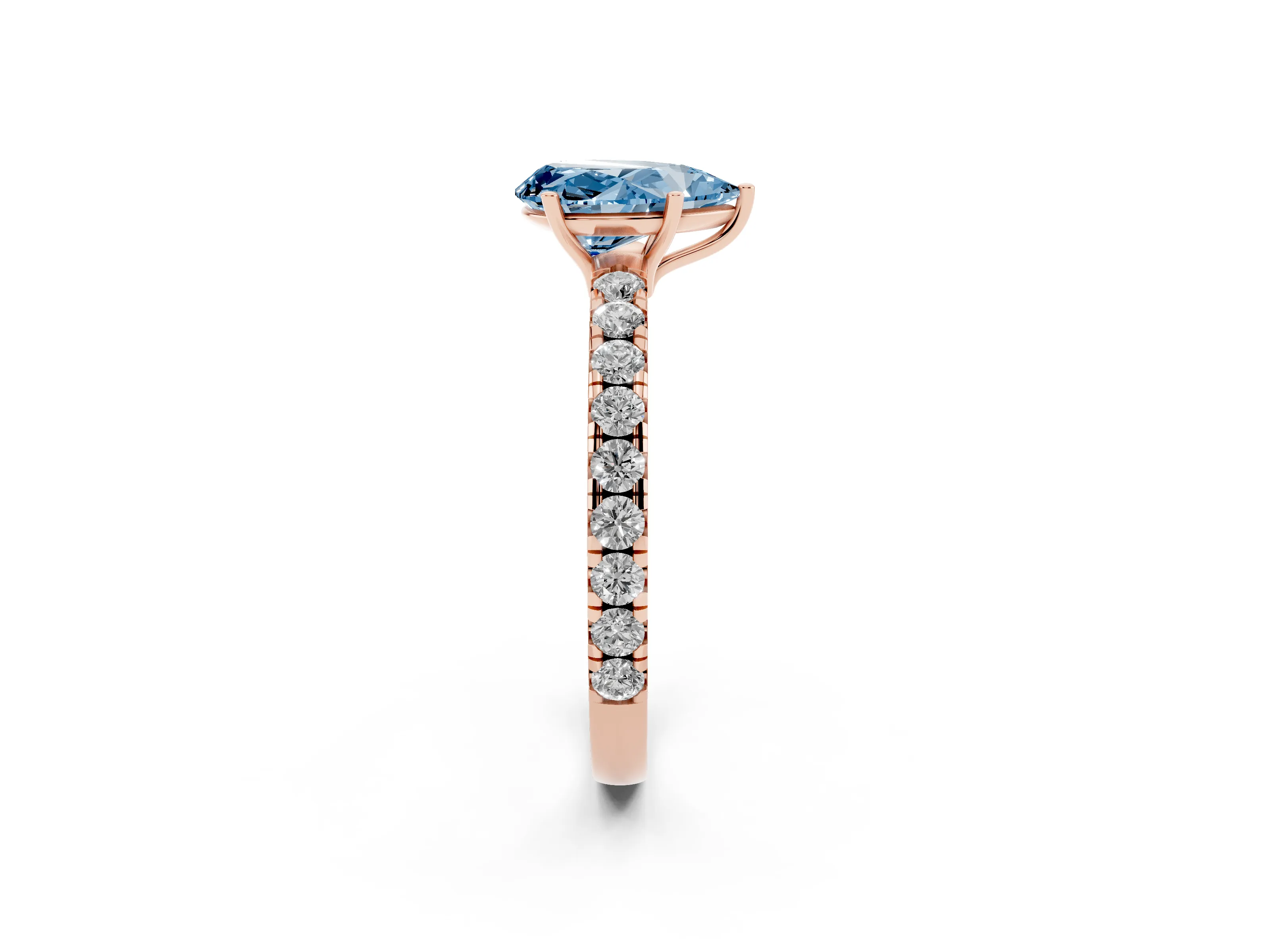 Fancy Blue Pear Cut Diamond Pavé Solitaire Engagement Ring Set in Rose gold with Prong Setting