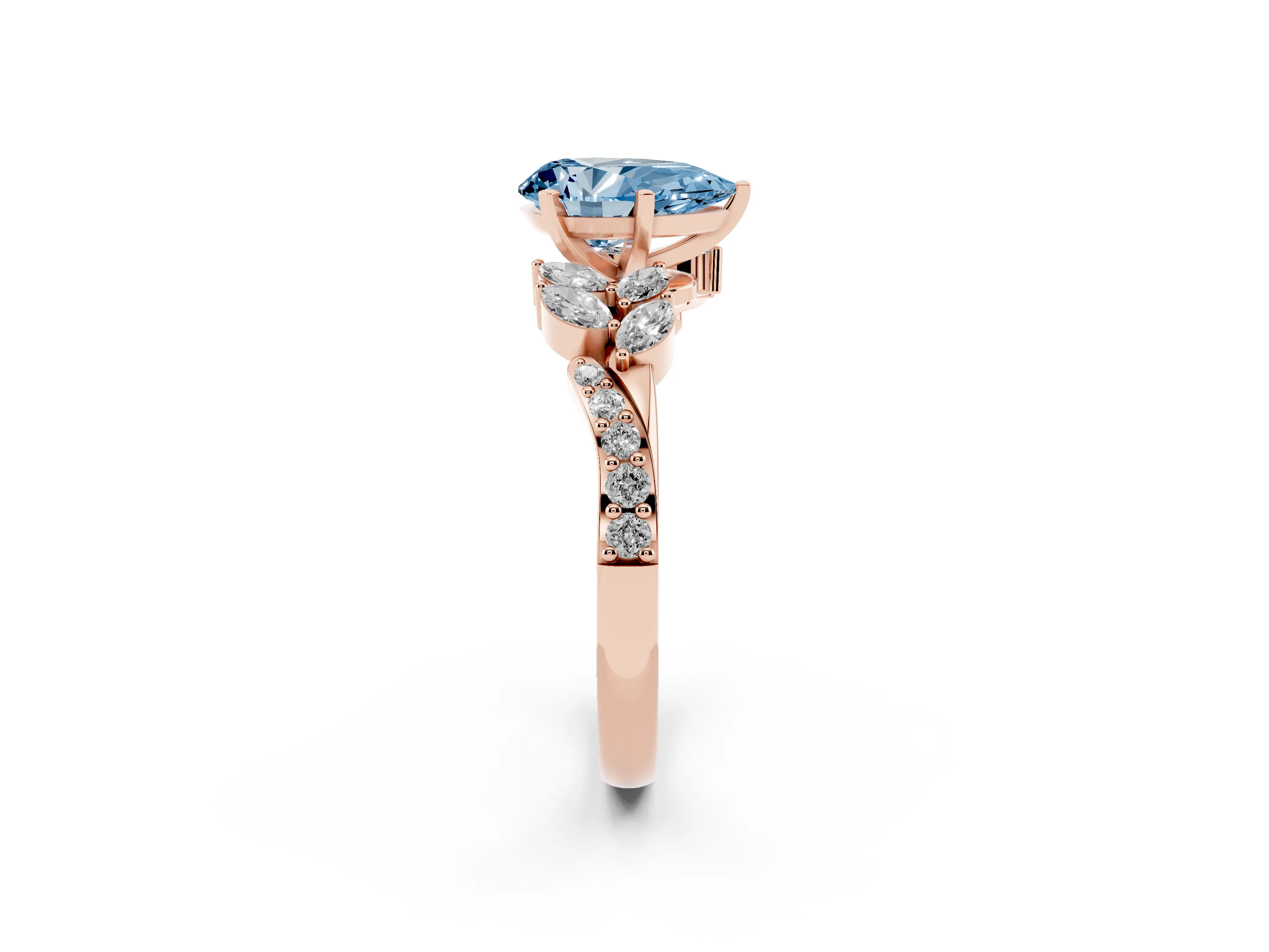 Fancy Blue Pear Cut Diamond Solitaire Ring Set in Rose gold with Marquise Twist Band and Prong Setting