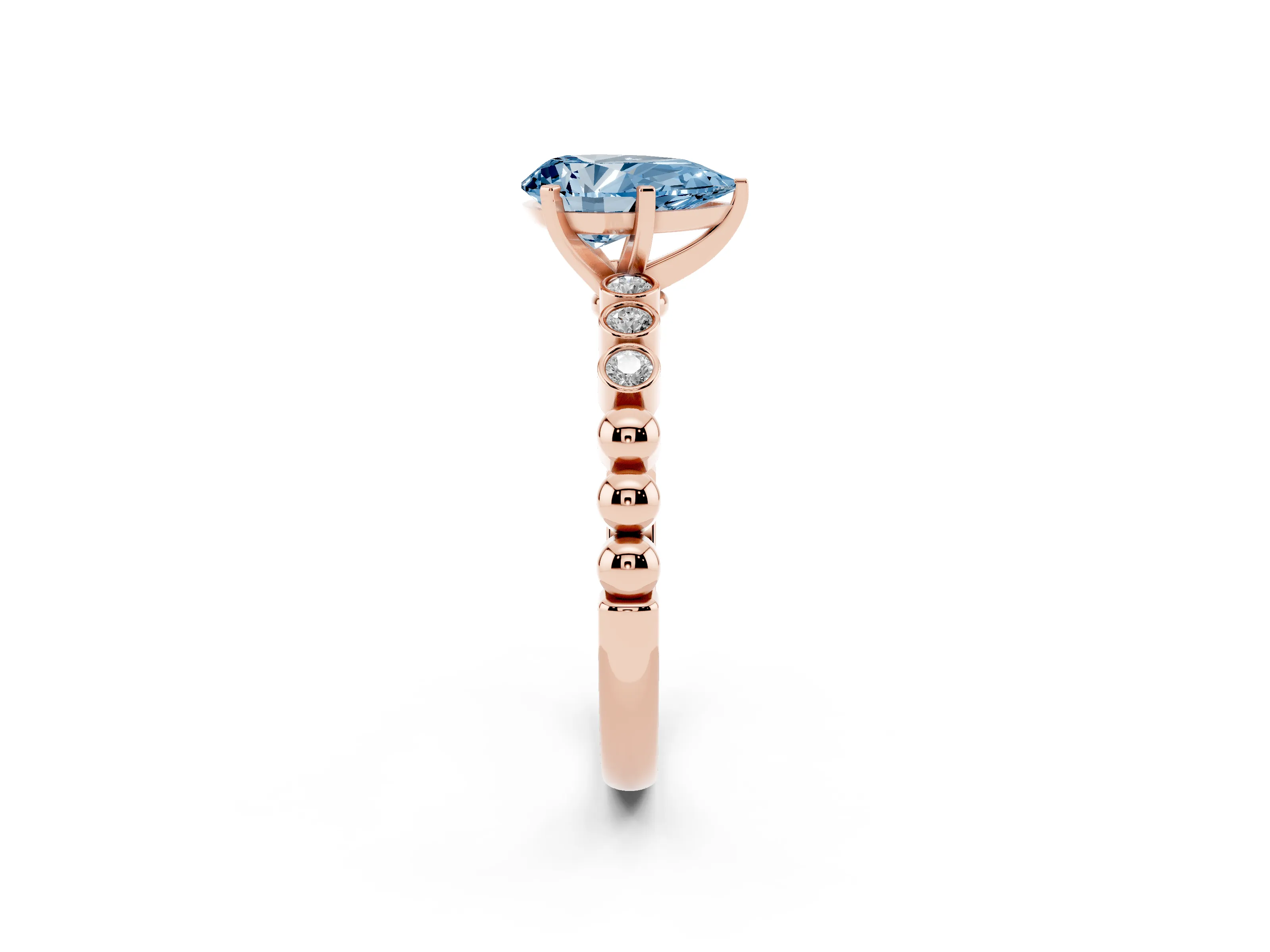 Fancy Blue Pear Cut Diamond Solitaire Engagement Ring Set in Rose gold with Bezel Accents on Beaded Band